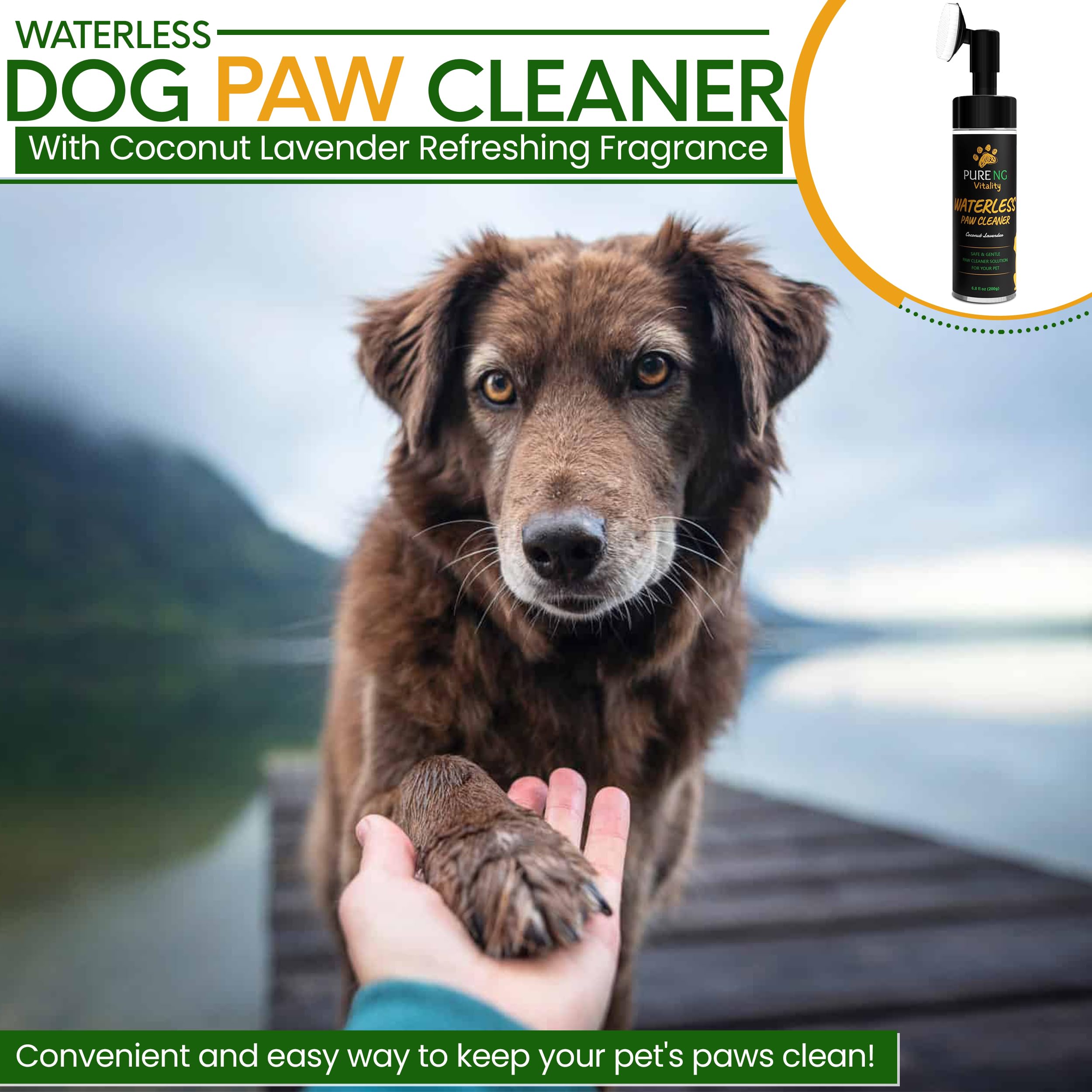 Waterless Dog Paw Cleaner | No Rinse Foam Cleanser | Dog Paw Protector with Coconut and Lavender Scent | Brush Scrubber to Clean | Suitable for All Pets | Easy to Use and Apply | Non-Toxic Formula