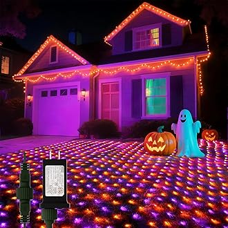 LitHome 21FT x 5FT Halloween Net Lights, 360 LED Purple Orange Bush Lights with 8 Modes, Connectable Waterproof Net Mesh Light Dark Green Wire for Bushes Shrubs Trees Outdoor Holiday Decor