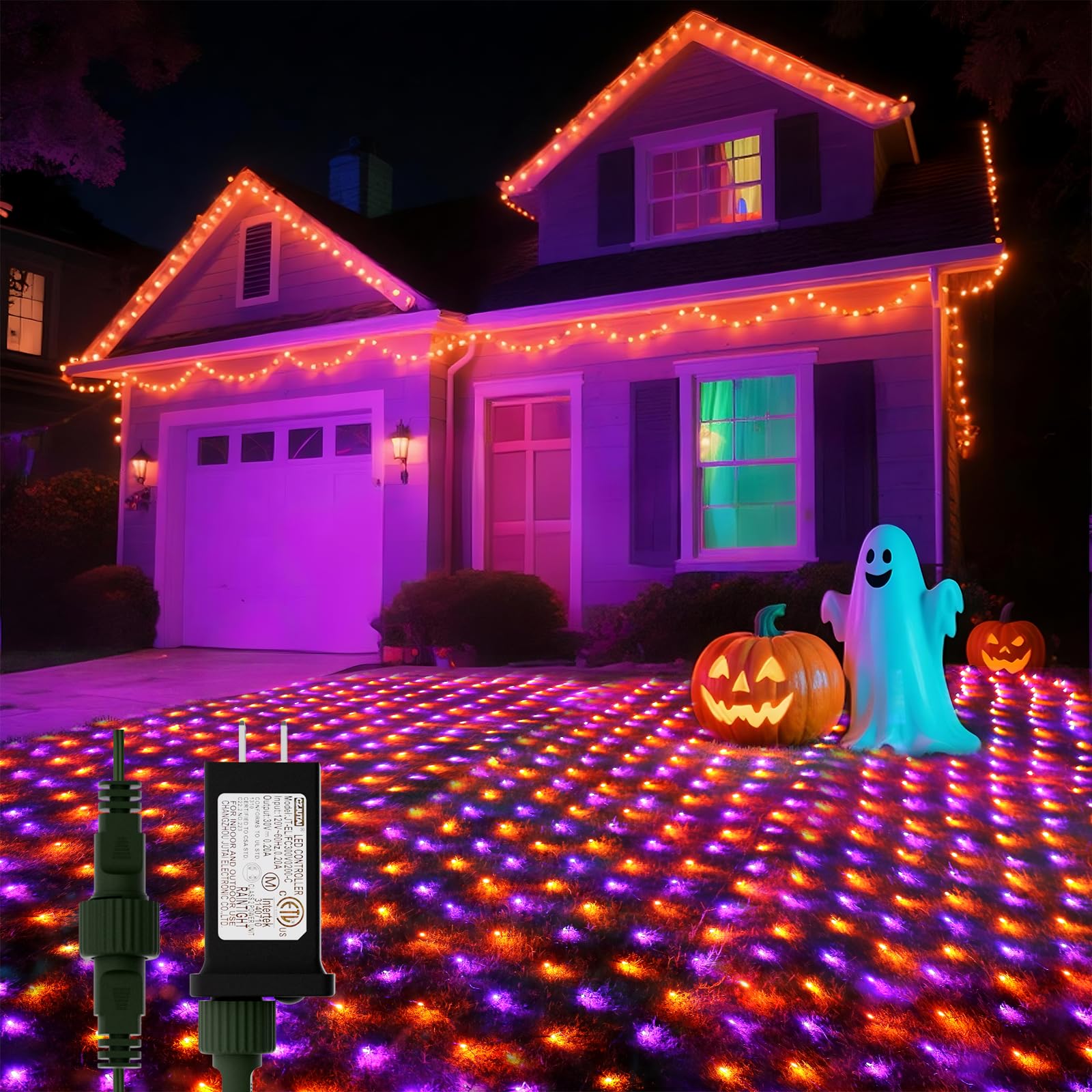 LitHome 14.8FT x 5FT Halloween Net Lights, 300 LED Purple Orange Bush Lights with 8 Modes, Connectable Waterproof Net Mesh Light Dark Green Wire for Bushes Shrubs Trees Outdoor Holiday Decor