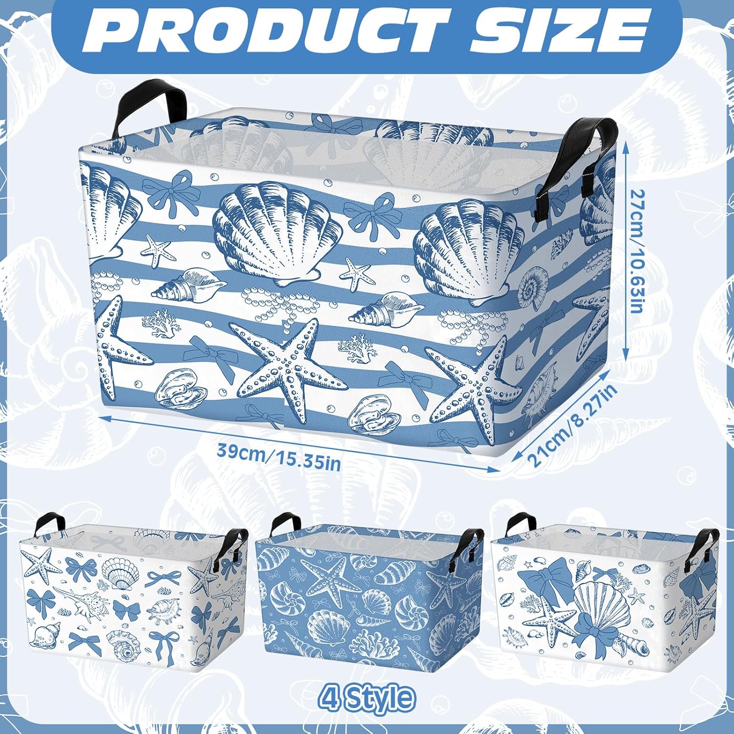 4 Pcs Coastal Beach Storage Basket Fabric Laundry Baskets with Handle Summer Ocean Blue Bow Foldable Organizer Boxes for Office Home Bedroom Baby Cloth Toy Book 15 x 10 x 8