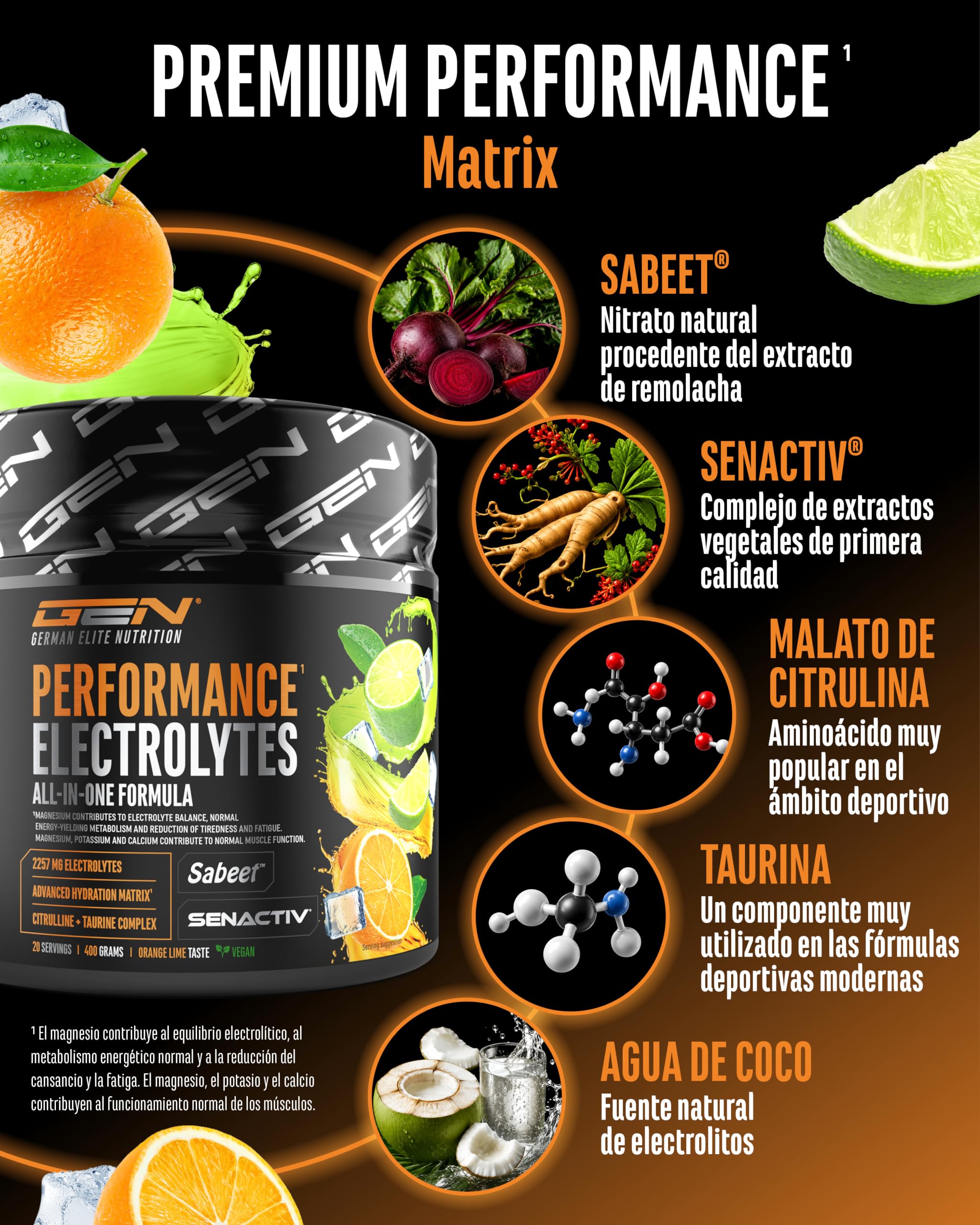 Performance Electrolytes - 400 g (20 Porciones) - Advanced Hydration Matrix con Sodio, Potasio, Magnesio, Calcio y Cloruro - con Citrulina y Taurina - Sin Azúcar - Vegano - Sabor Naranja Lima