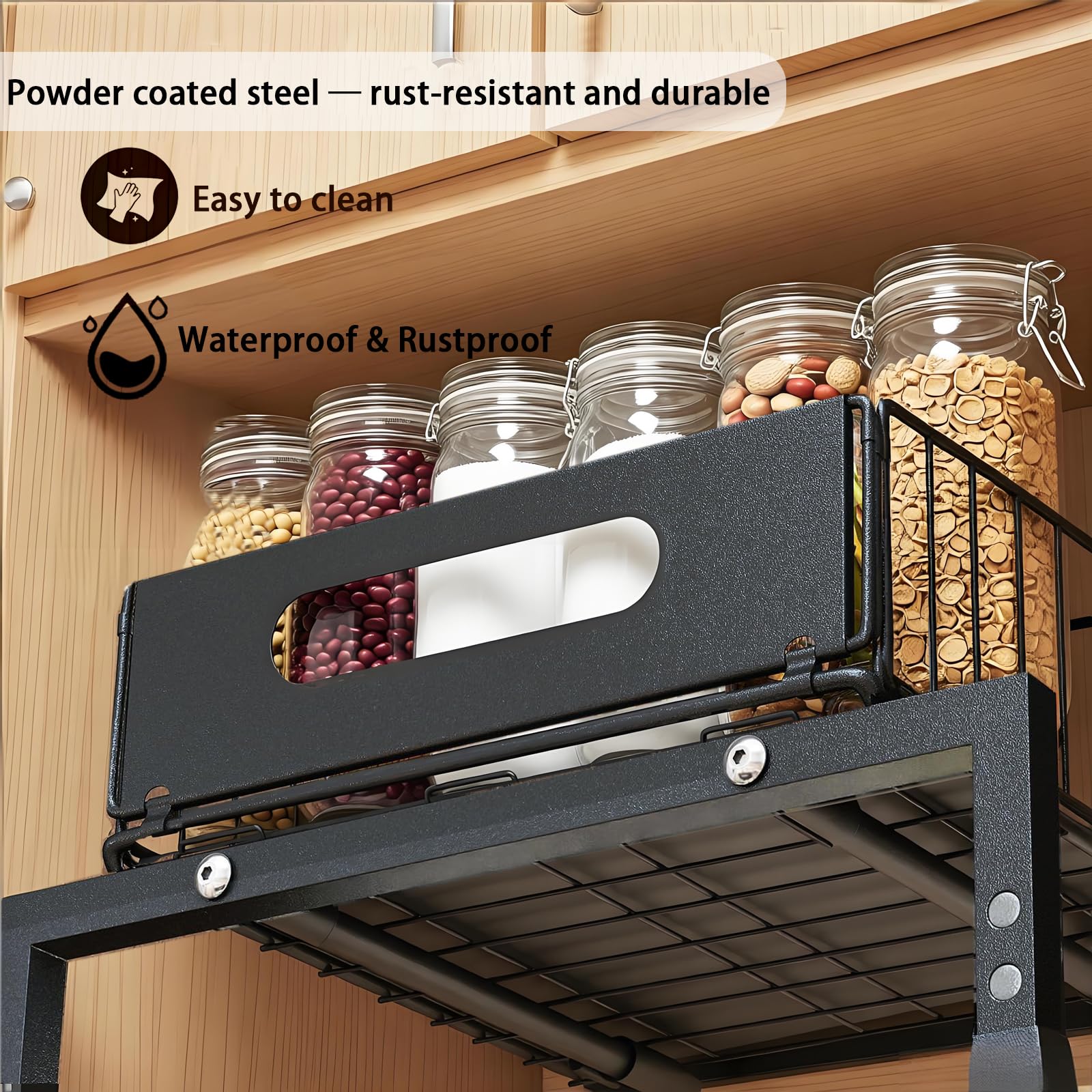 Organizer sotto il lavello a 2 ripiani con cassetto scorrevole estraibile, in metallo resistente, scaffale da cucina regolabile in altezza per bagno, scaffale salvaspazio (nero)