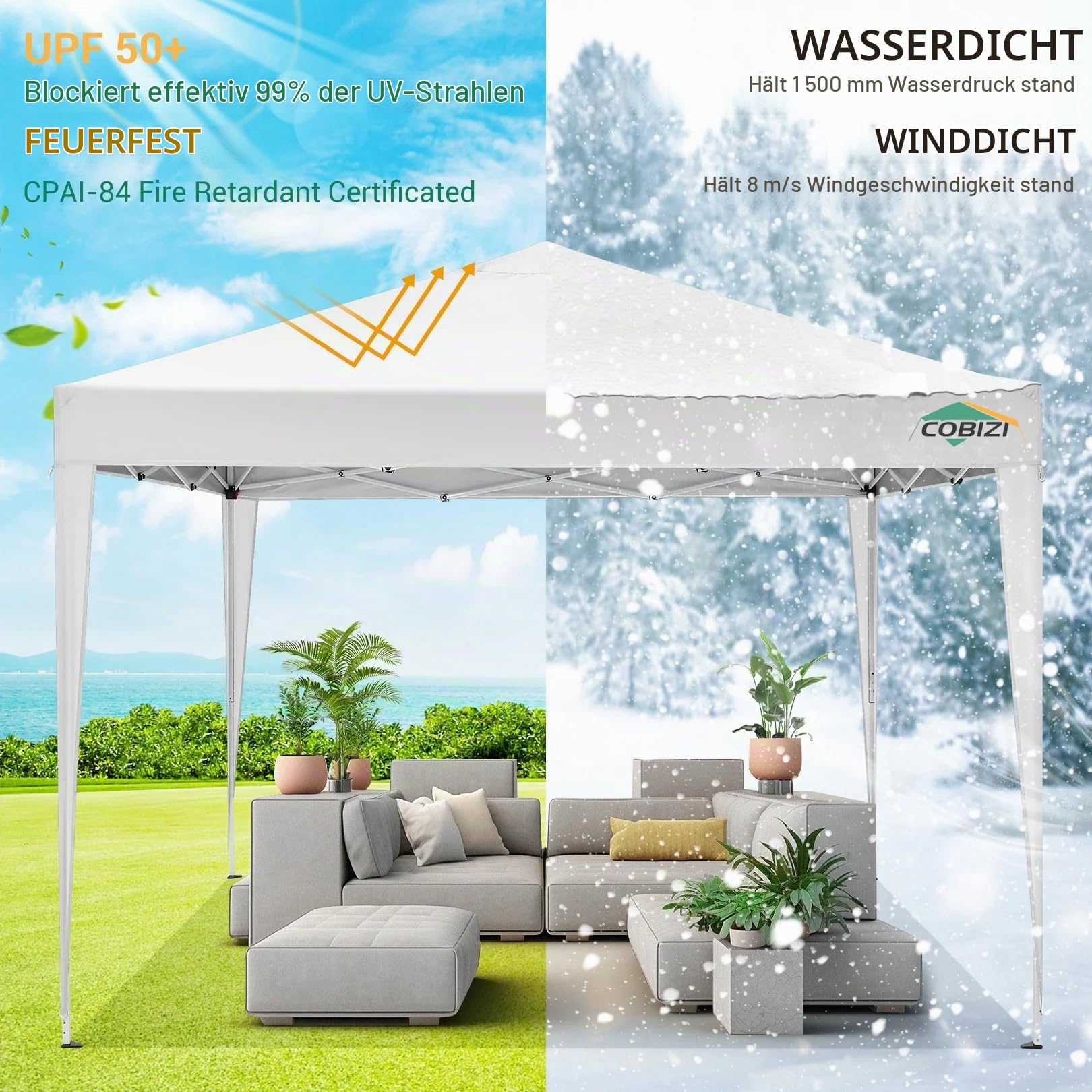 COBIZI Pavillon 3x3m Wasserdicht Stabil Winterfest Faltpavillon Partyzelt Gartenpavillon mit 4 Seitenteilen,4 Sandsäckes und Entlüftung,UV Schutz 50+,pop up faltbar für Outdoor Garten(Weiß