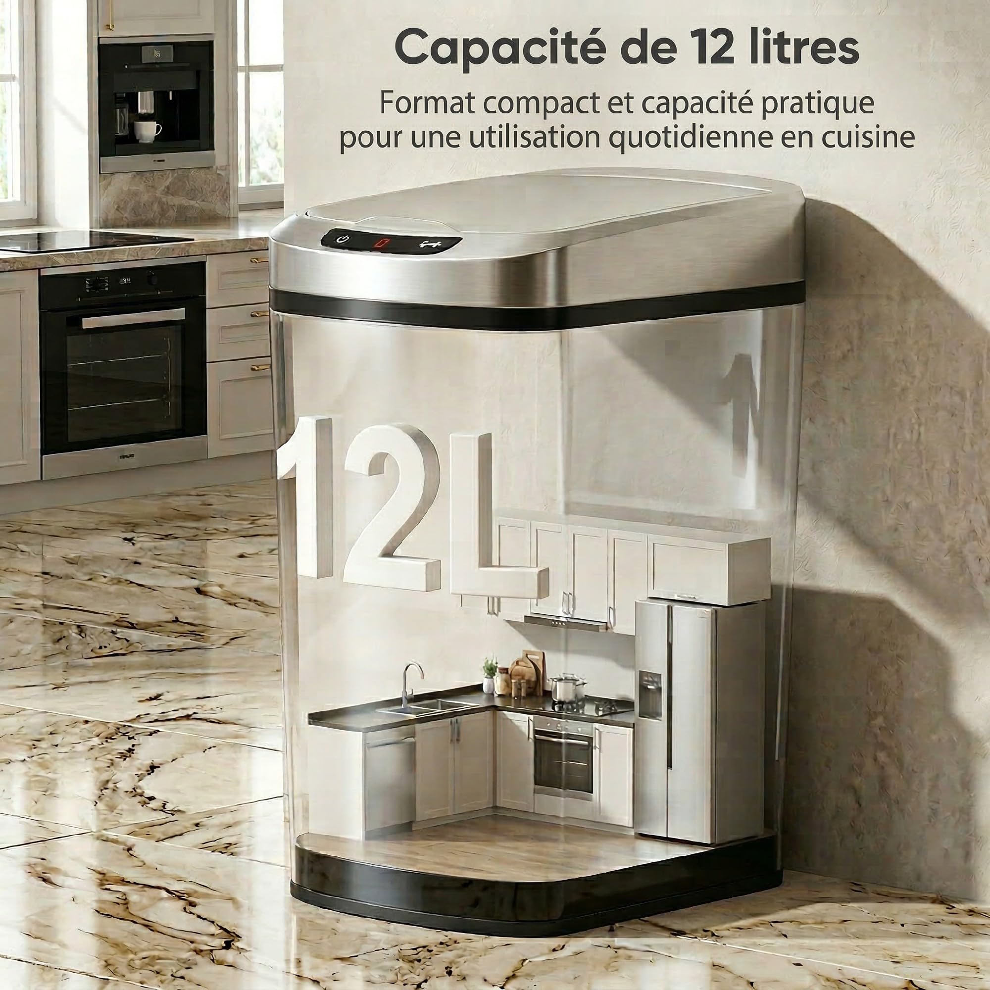 HOMCOM Poubelle de cuisine automatique 12 L en acier inoxydable, poubelle à capteur de mouvement sans contact avec couvercle, anti-traces de doigts, pour maison, salon, bureau, argent