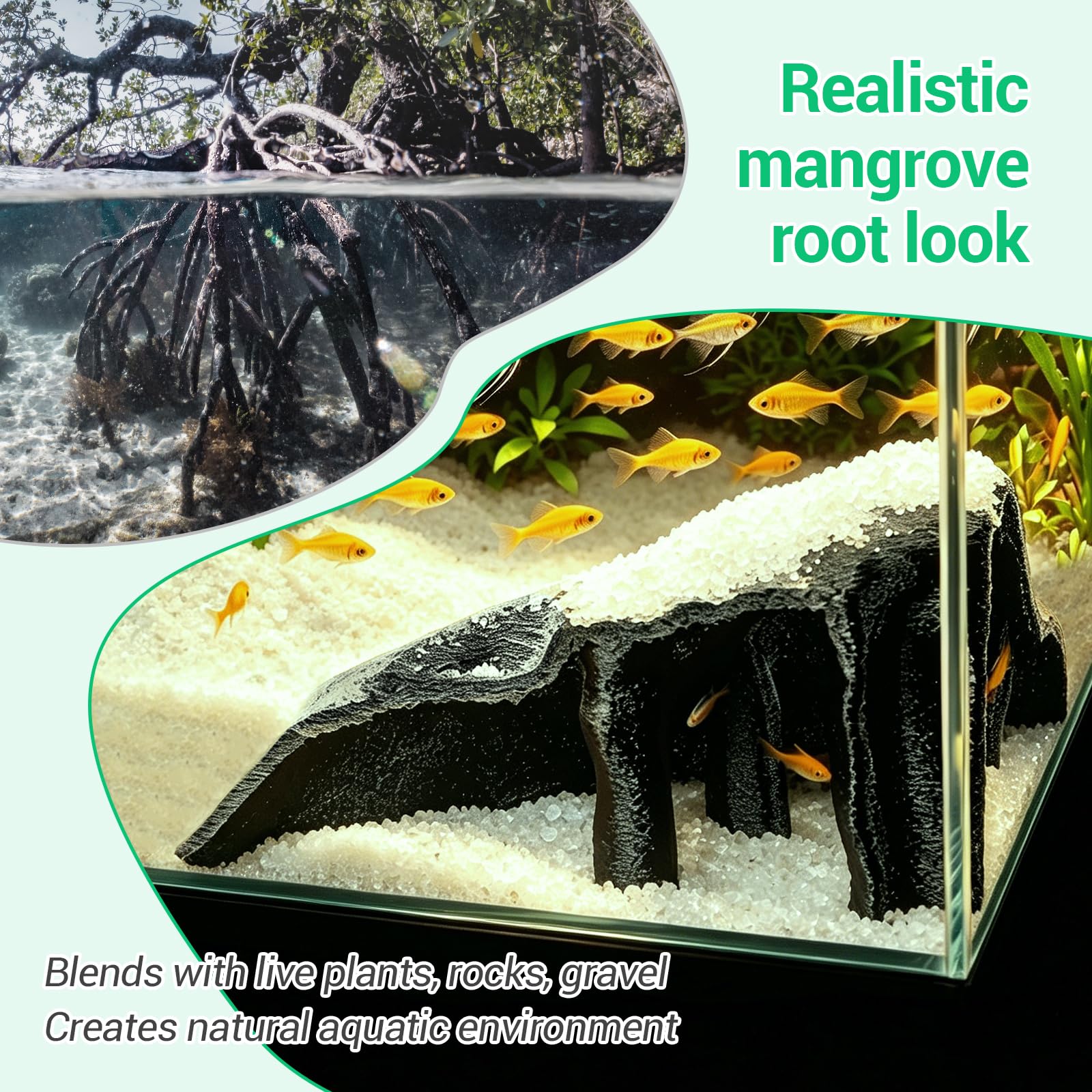 Cave d'aquarium - Cachette d'angle - Cachette de reptile PETG avec 500 g de sable, texture racine de mangrove pour poissons, crevettes, gecko, lézard, décoration d'aquarium - 19,1 x 19,1 x 10,2 cm