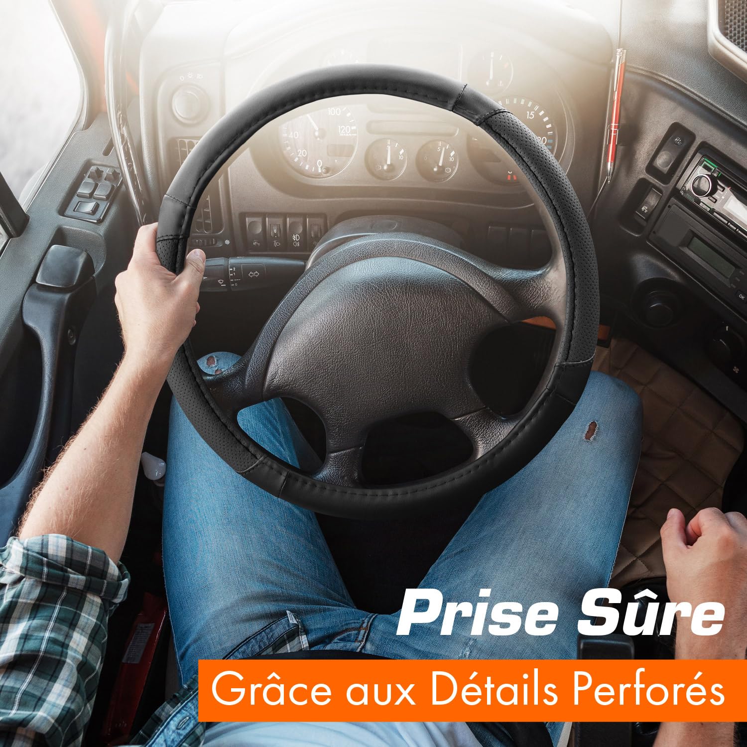 Upgrade4cars Couvre Volant Camion 44-46 cm Noir Simili Cuir | Housse de Protection Furgon Taille Universel | Accessoires Voiture Decoration Interieur Protege