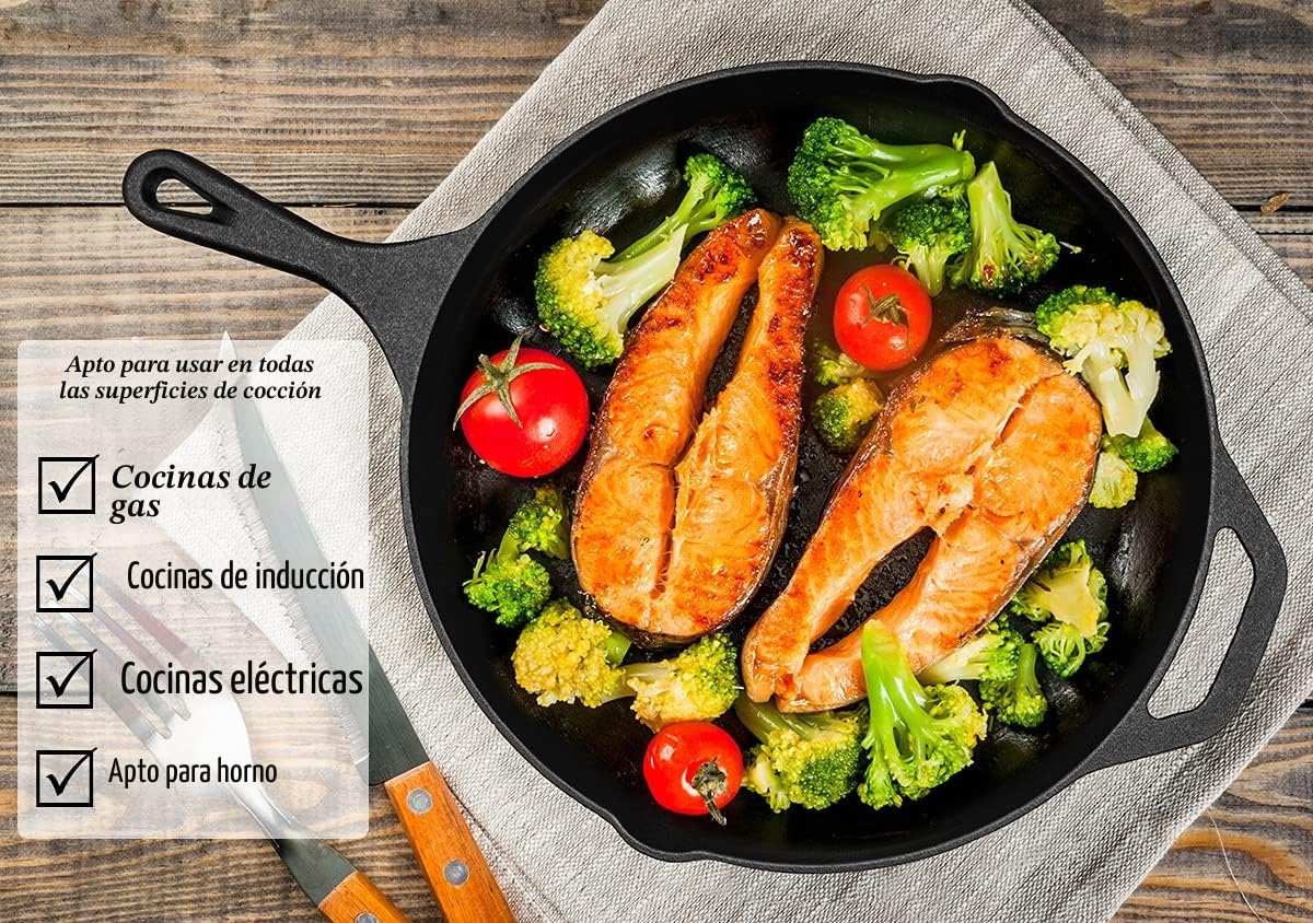 Sartén/Sartén Redondo de Hierro Fundido Presazonado de 12 pulgadas/30 cm | Apto Para Horno | Cocina al Aire Libre | Juego de Accesorios de Silicona Incluido