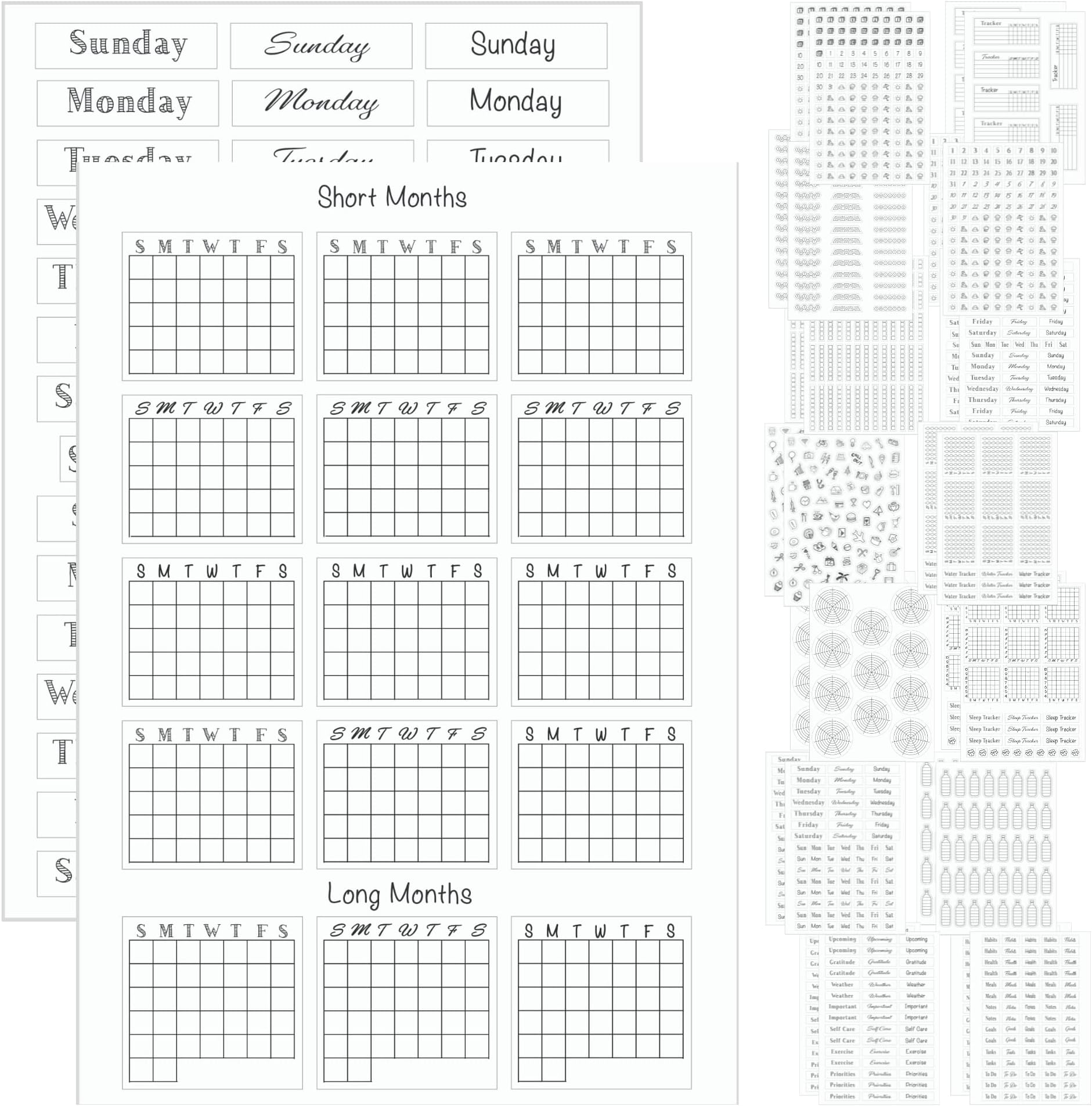 Simple Productivity Weekly Planner Stickers (Black & White) - 30 Sheets of Writable and Transparent Stickers - Mini Calendars, Habit Tracker, Days, Numbers - Supplies for Bullet Dotted Journals