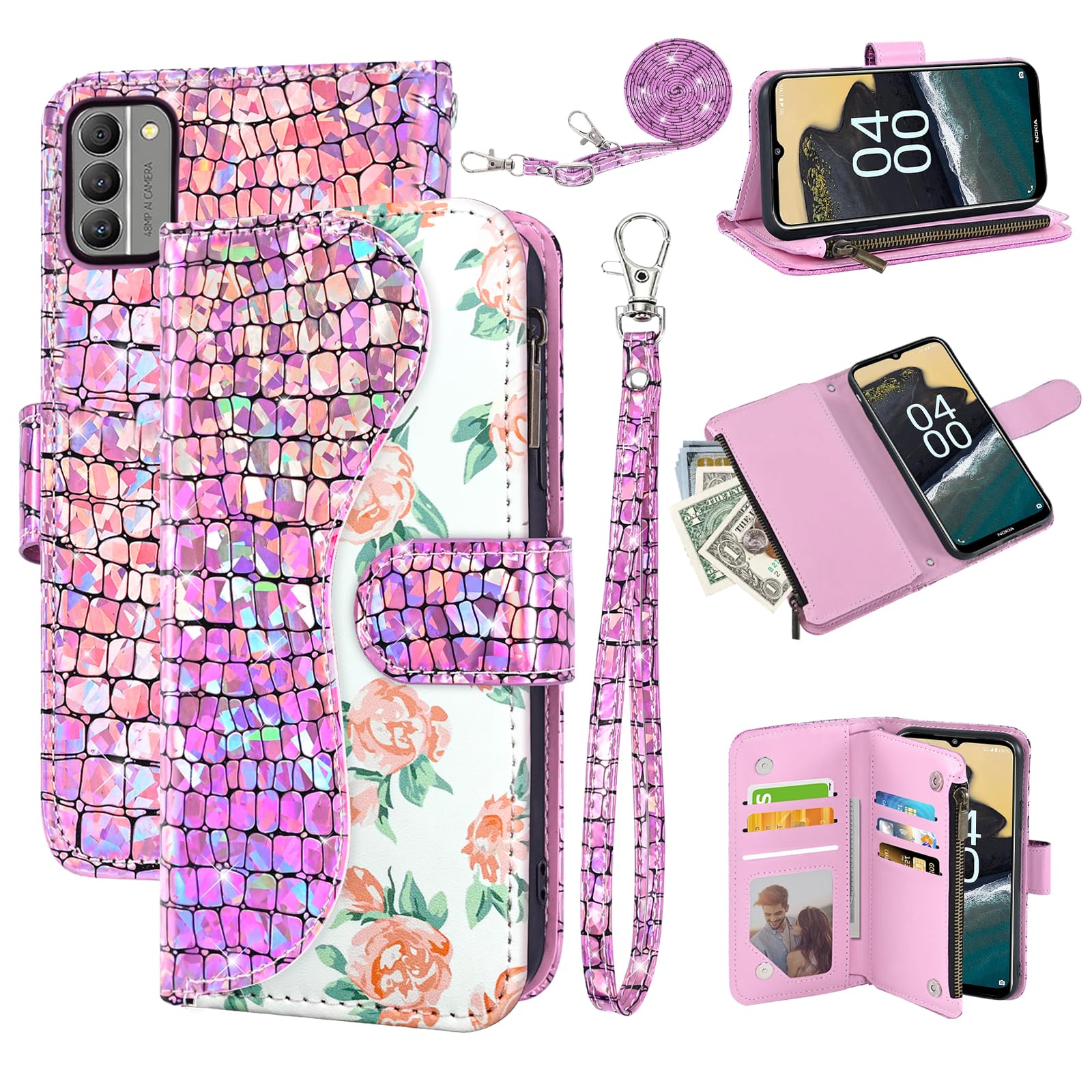 Dibosom Floral Wallet Case for Nokia G400 5G with Wrist Strap Shoulder Strap Flip Zipper Purse Card Holder,Luxury PU Leather Stand Sparkly Glitter