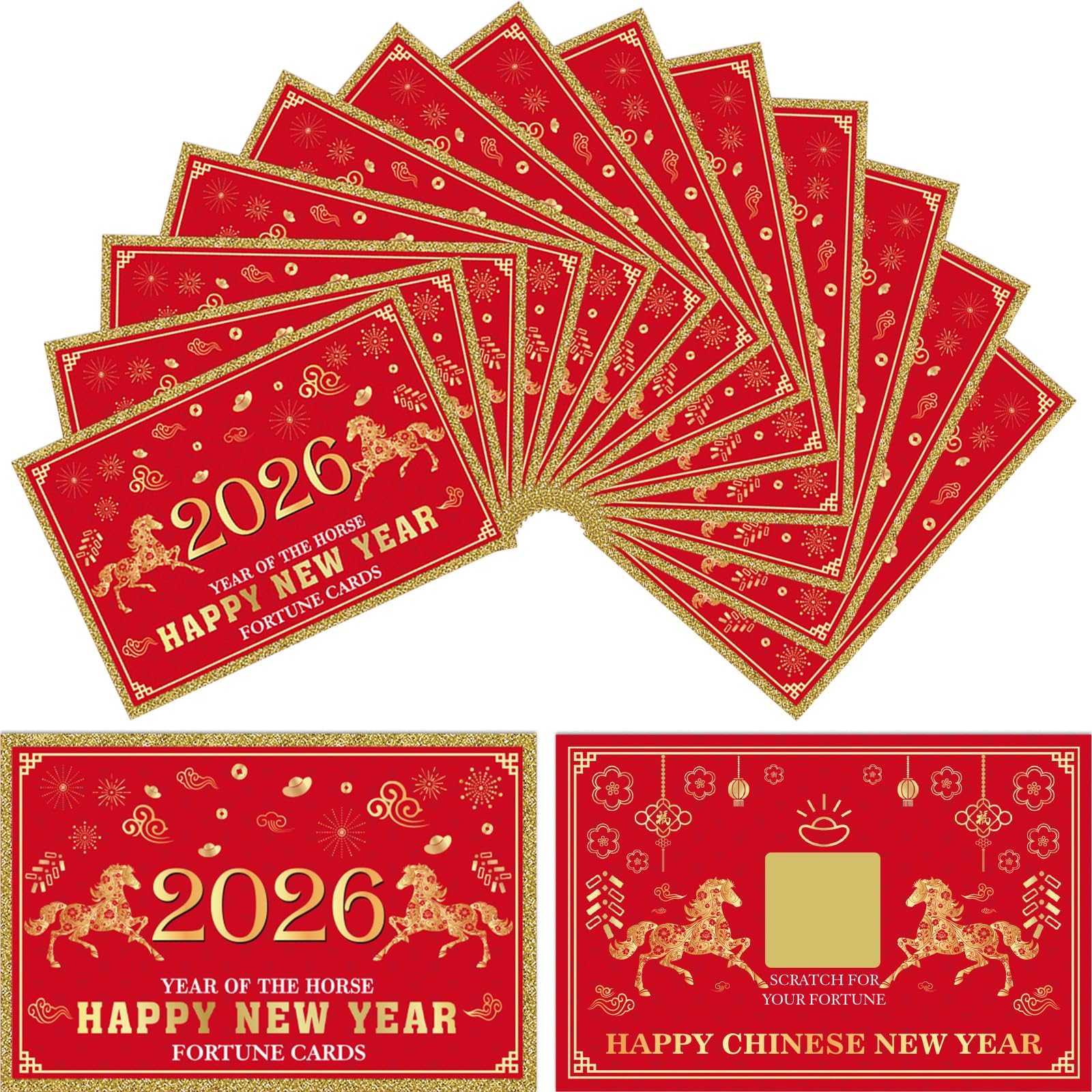 30Pcs 2026 Chinese New Year Fortune Cards for Year of The Horse 2026 New Year Scratch Off Lucky Card Greeting Cards for Spring Festival Lunar NY Party Decorations