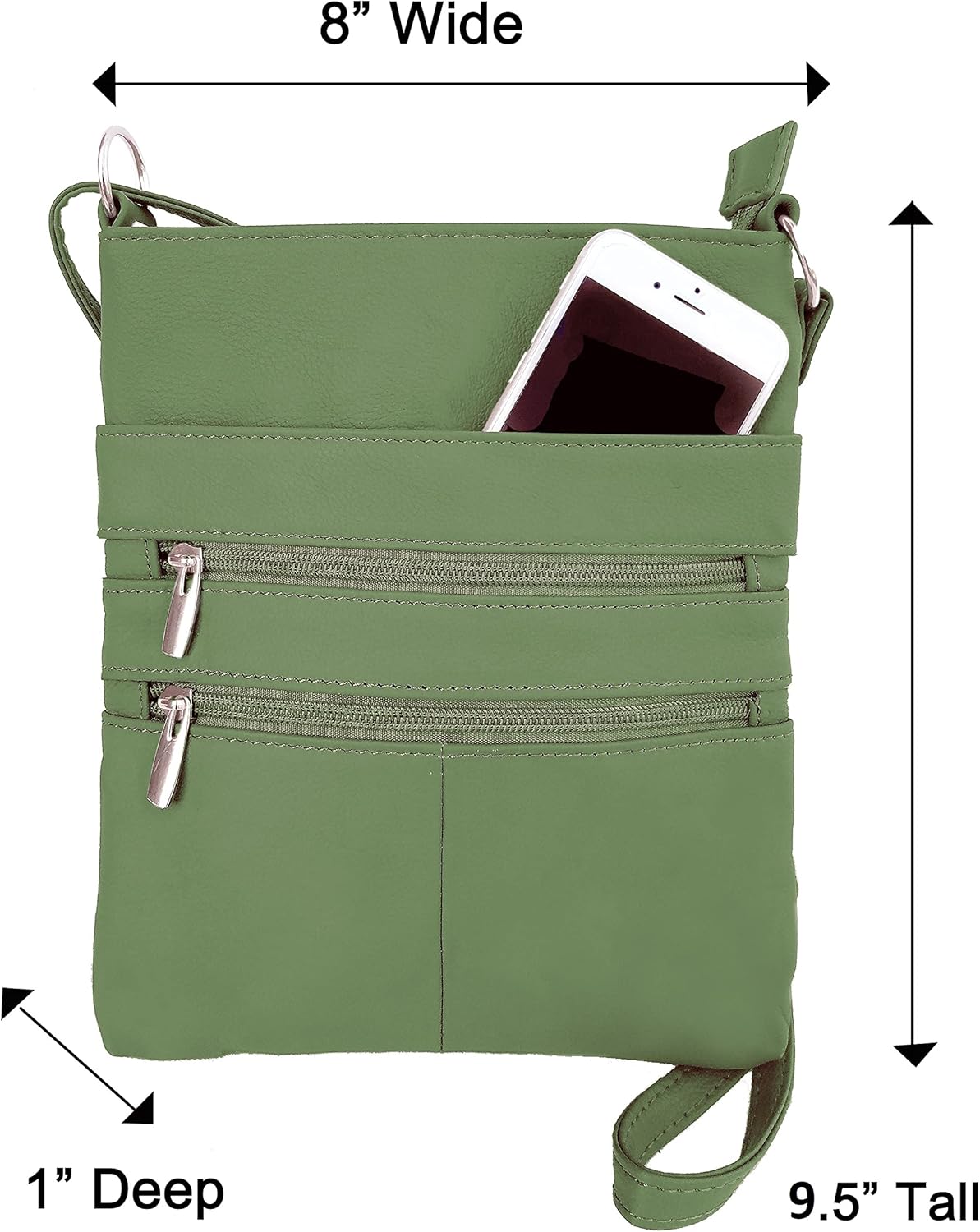 Roma Leathers Mini Cross Body Purse - Multi Pocket Double Zipper Handbag - Premium Olive Green Leather - Adjustable Shoulder Strap - Convenient Travel Bag - Designed in the U.S.A.