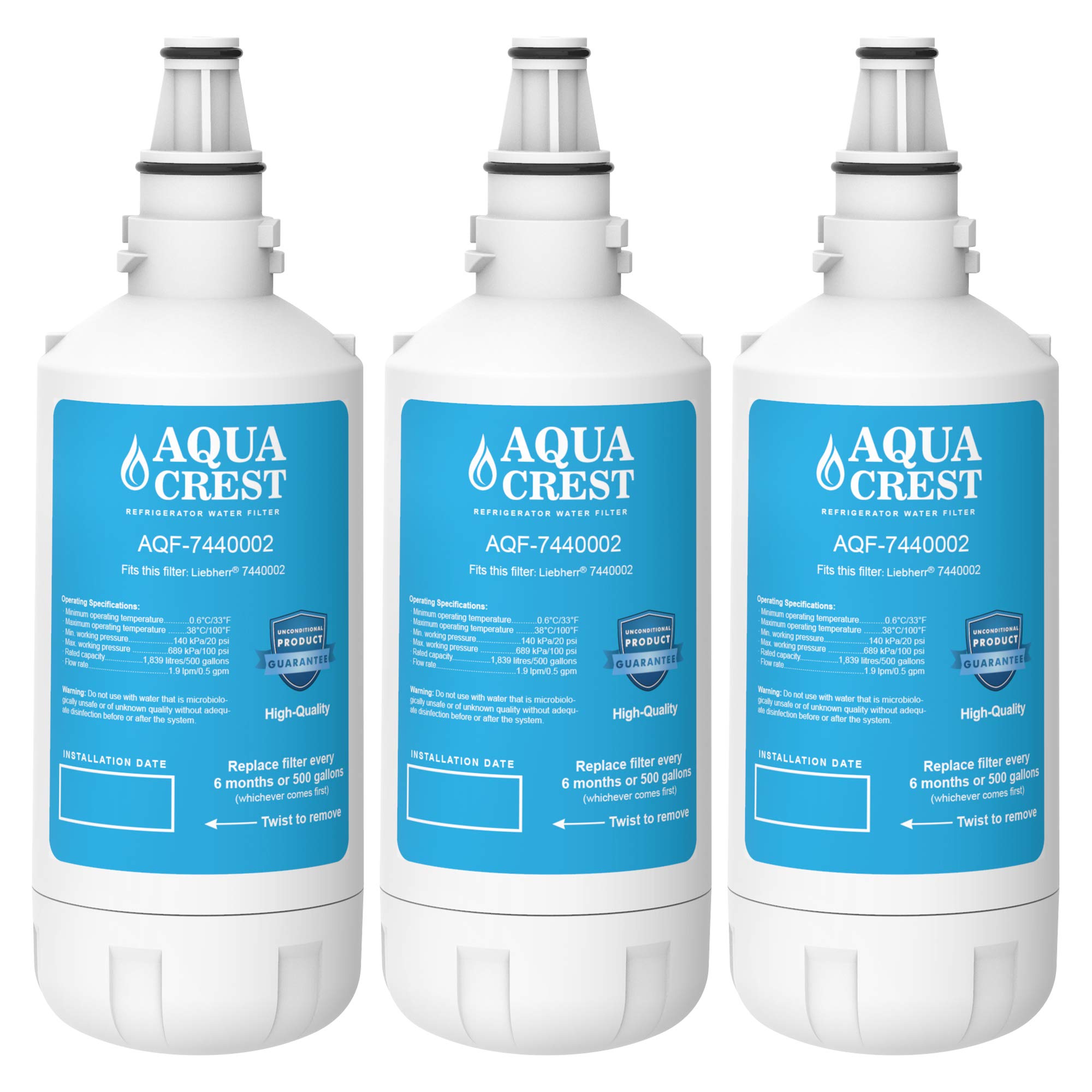AQUACREST 7440002 Fridge Water Filter, Compatible with Liebherr 7440000, 7440002, 7731240-00, 53-WF-26LR, 440002, All CNes Models Including CNes 5166, CNes 6256, SBSes 7155, SBSes 7263, SBSes 7273 (3)
