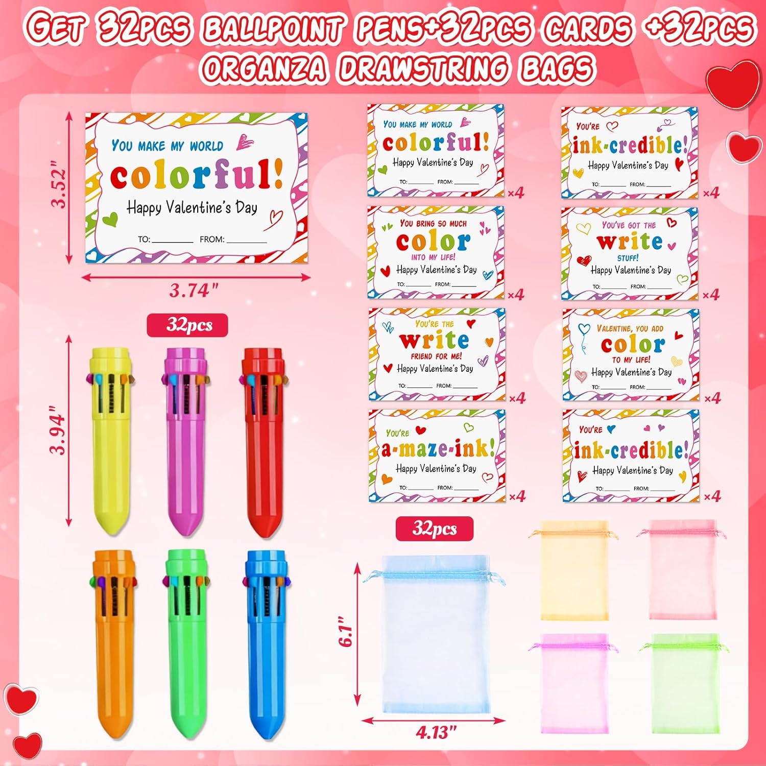 luck sea 32Sets Valentines Day Gifts Bulk for Adult: Valentine Ballpoint Pens and Exchange Cards Goodie Bags Stuffers, Galentines Day Gift for Office Coworkers Party Favors