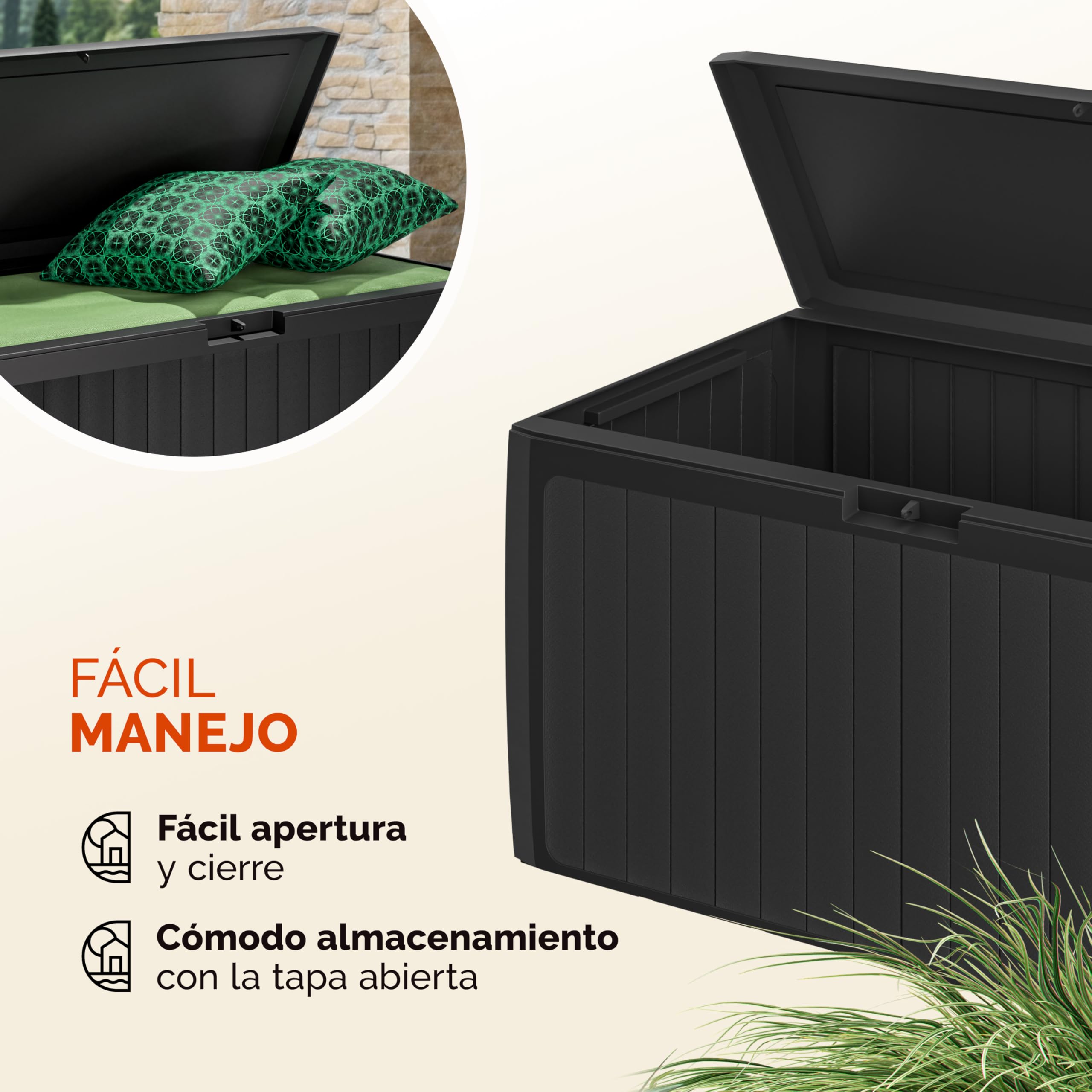 CASARIA® Arcón Jardín Exterior Baúl Almacenaje 290L con 6 Ruedas Asas Resistente Intemperie Rayos UV Caja Cojines 117x47x60cm Antracita