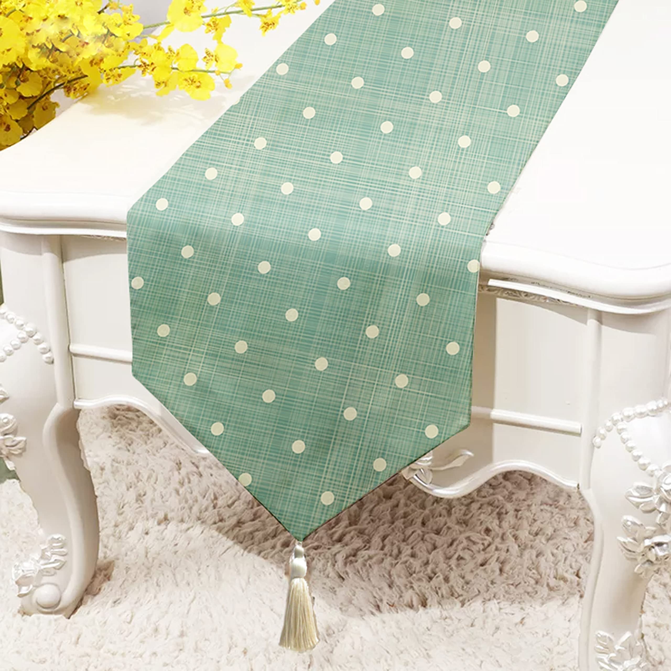 STITCHNEST Polka dot Printed Poly Cotton Table Runner and Bed Runner ( 13 x 60 Inches with Tassel )