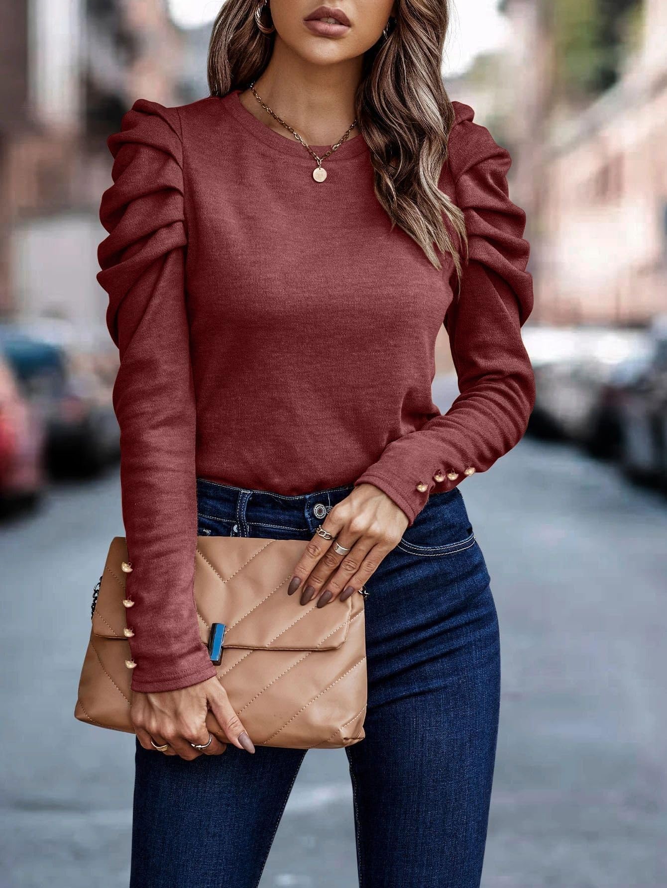 T-Shirt Casual da Donna Girocollo con Maniche a Sbuffo increspate e vestibilità Ampia