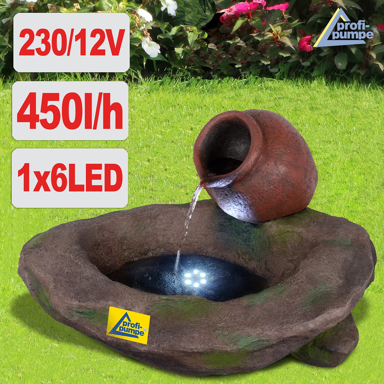 Fontana da giardino, fontana decorativa, fontana da interni, 230 V, cascata, gioco d'acqua per giardino, laghetto da giardino, terrazza, balcone, molto decorativa (AMPHORE con luce a LED)