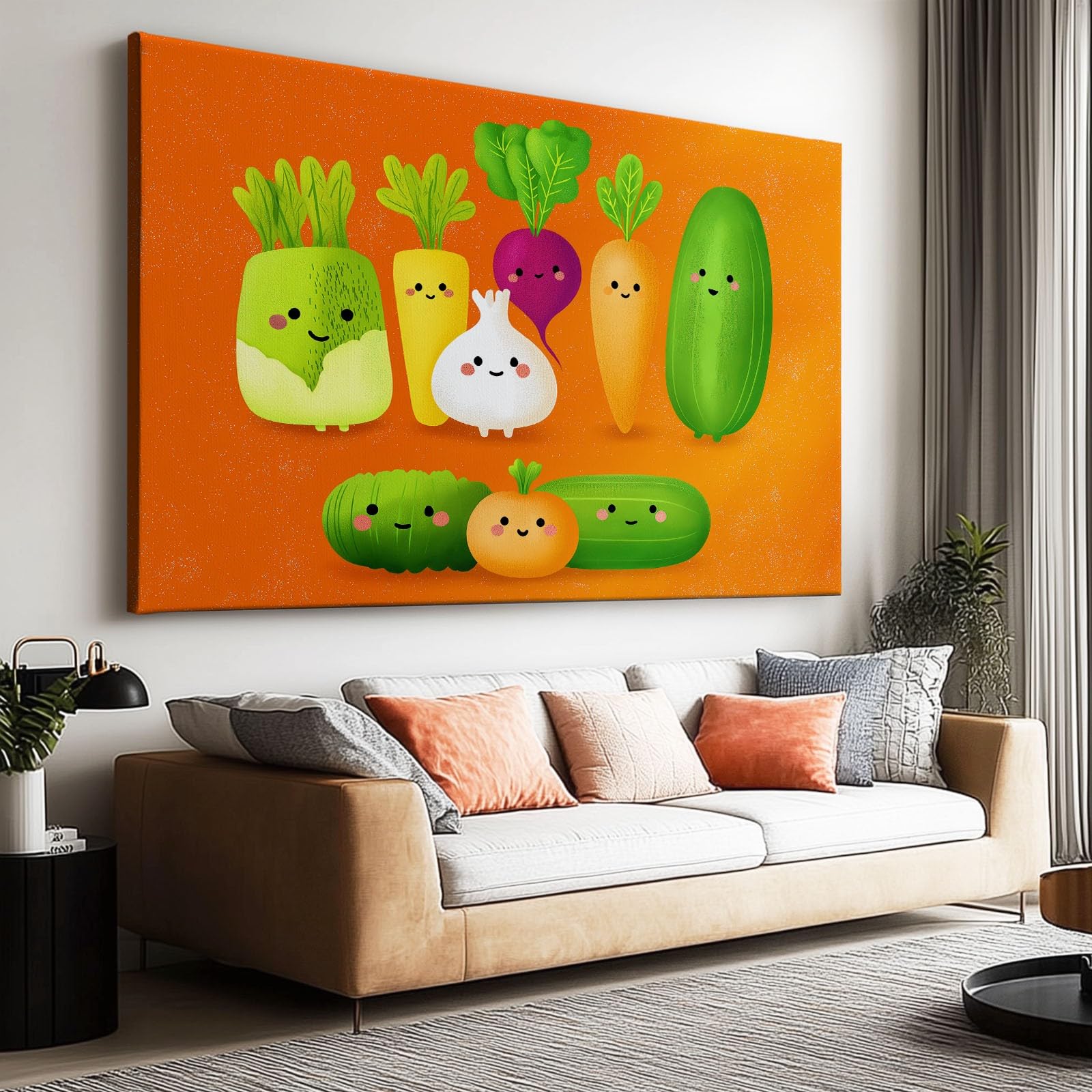 Generisch Lebensmittel Gemüse Gurke Karotte Modernes Leinwandbild 100L x 75B cm mit Rahmen, Cartoon XXL Wanddeko für Wohnzimmer Geschenk Idee Einzug - Hochwertiger Kunstdruck auf Holzrahmen