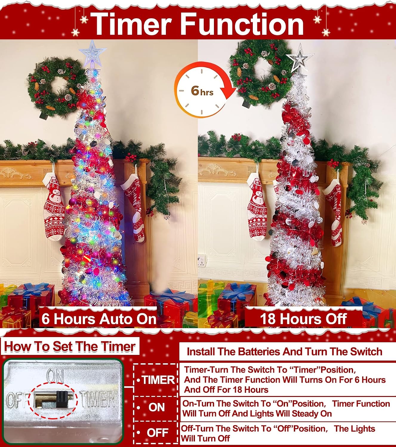 TURNMEON 5 Ft Prelit Valentines Day Pencil Tree with Timer 50 Color Lights Star, Glitter Slim Pop Up Tinsel Tree Decorations Battery Operated Tree Indoor Home Valentines Day Decor(Silver Red)