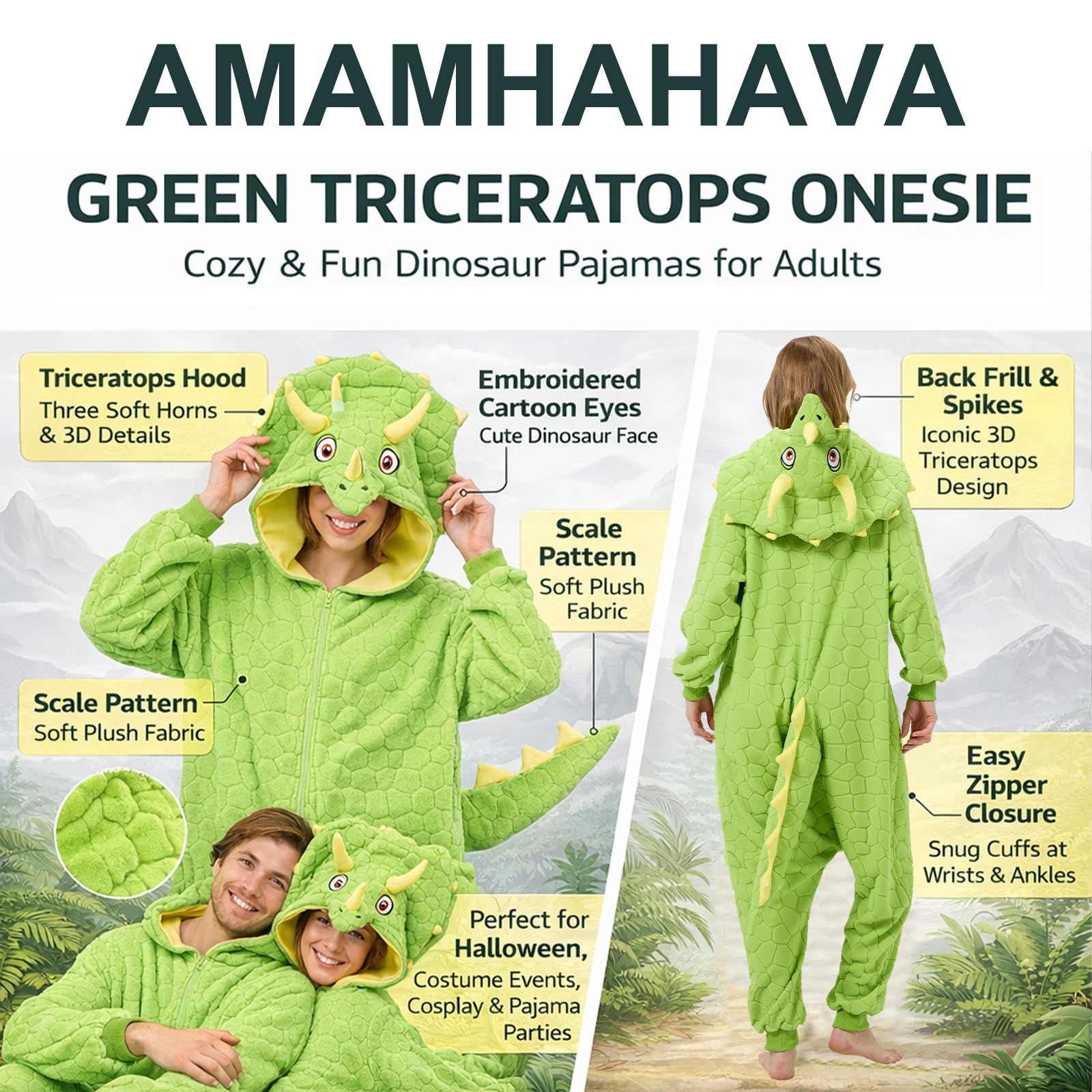 Costume da dinosauro triceratopo pigiama intero per adulti Dino un pezzo animale Halloween Cosplay Homewear
