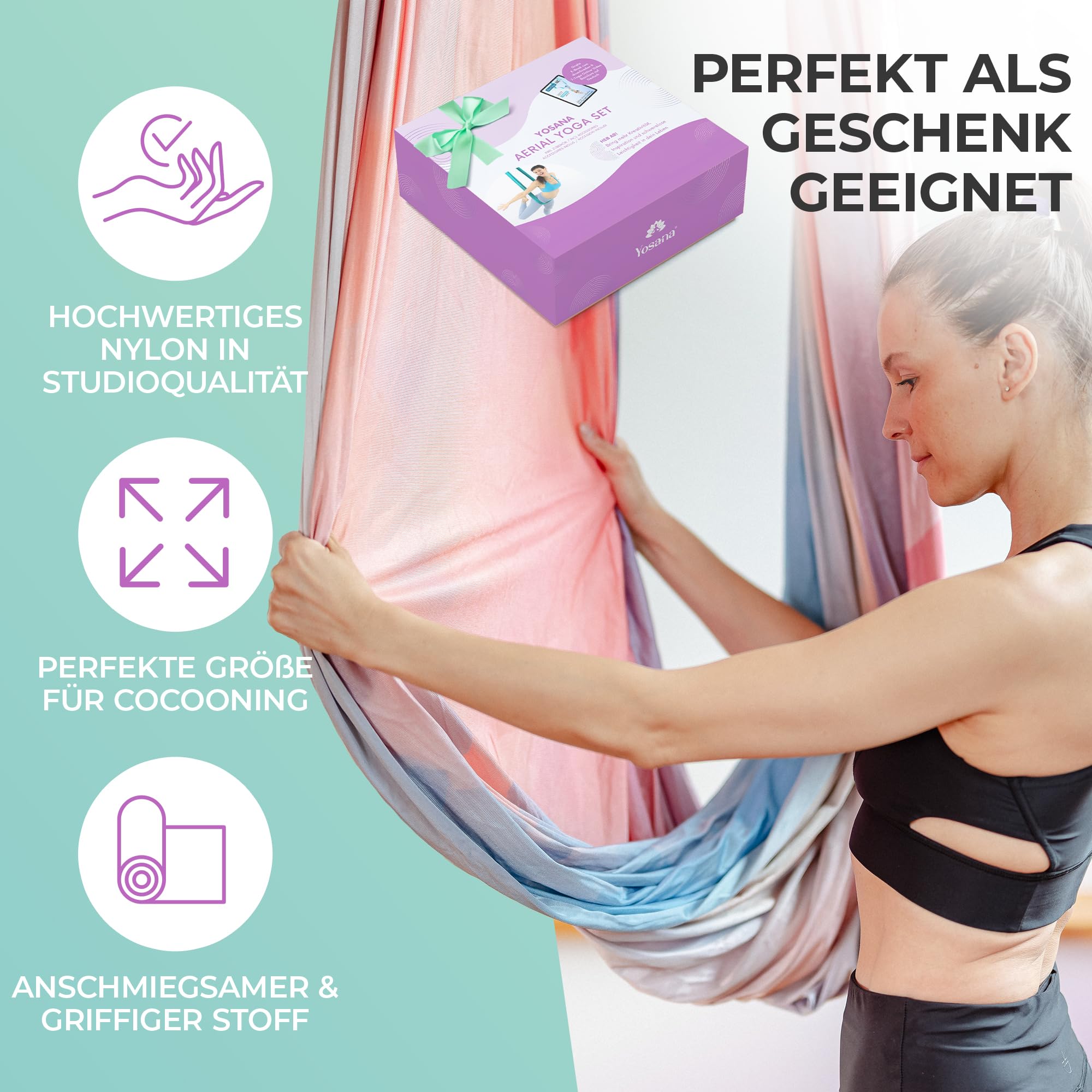 Yosana Hängematte | Komplettset inkl. Befestigung | TÜV geprüft | Nylon Tuch 5m x 2,6m