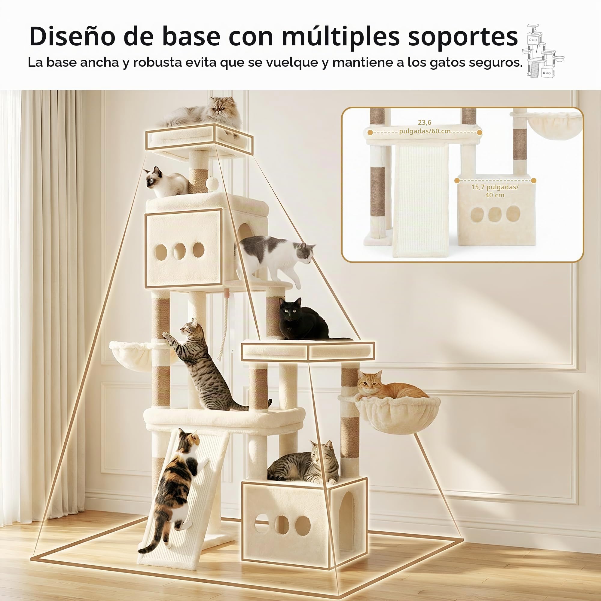 Heybly Rascador para Gatos, 184cm Árbol Rascador Grande con 3 Amplias Plataformas, 2 Cuevas, 2 Cestas Y Una Almohadilla Rascadora De Sisal Extragrande, Una Torre De Juego Estable, Beige HCT060MJ