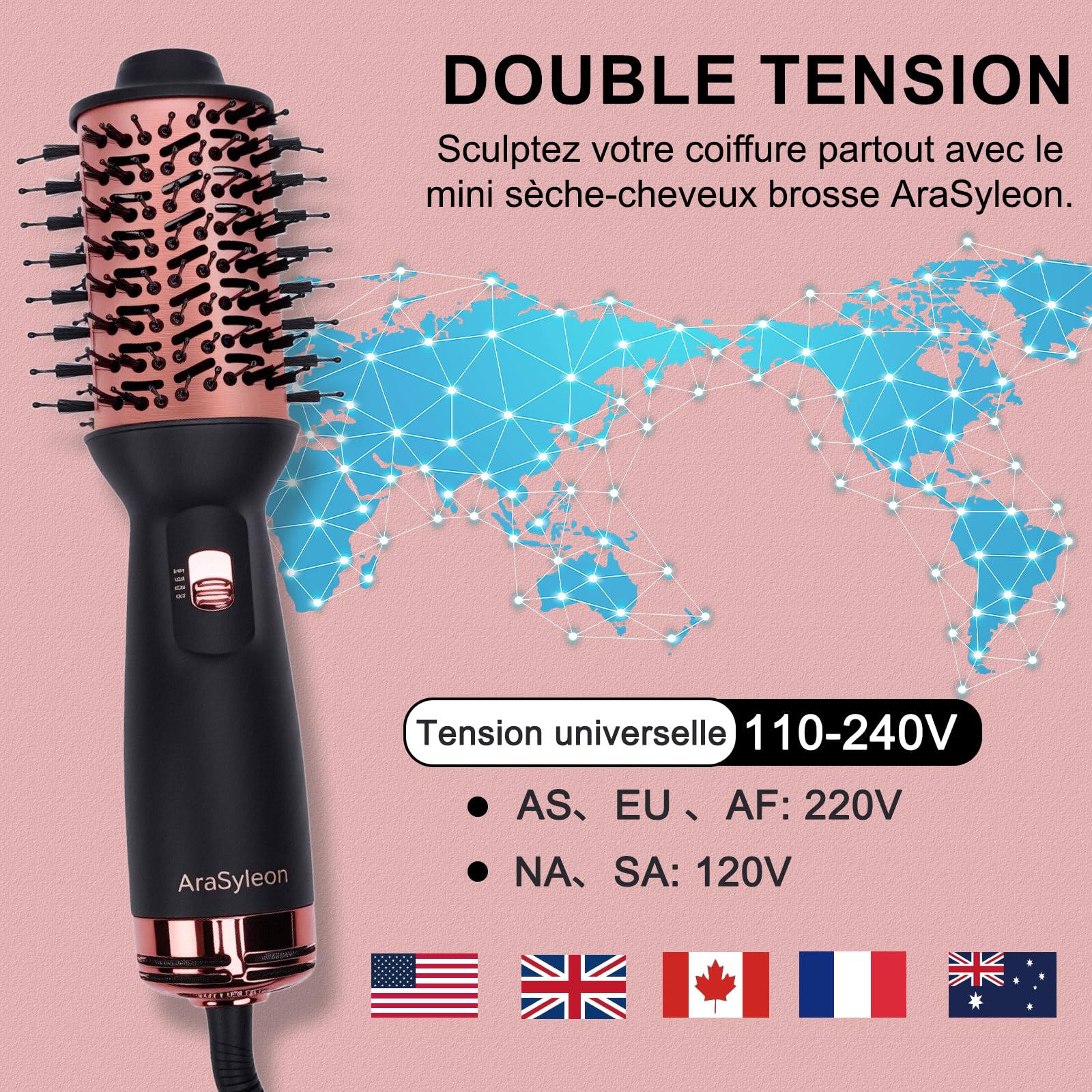Brosse Soufflante de Voyage, Brosse Sèche-Cheveux 3-en-1 avec 3 Températures et 3 Vitesses, Ultra Légère 275g, 110-240V, 700W, Fournie avec Sac de Rangement et Gants Anti-Chaleur