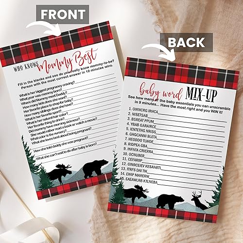 Miniatura 6 de Lumberjack Baby Shower Juego Bundle (25 invitados) Incluye Who Knows Mommy Best, Word Scramble, Animal Matching, Candy Guessing – Oso rústico, alces