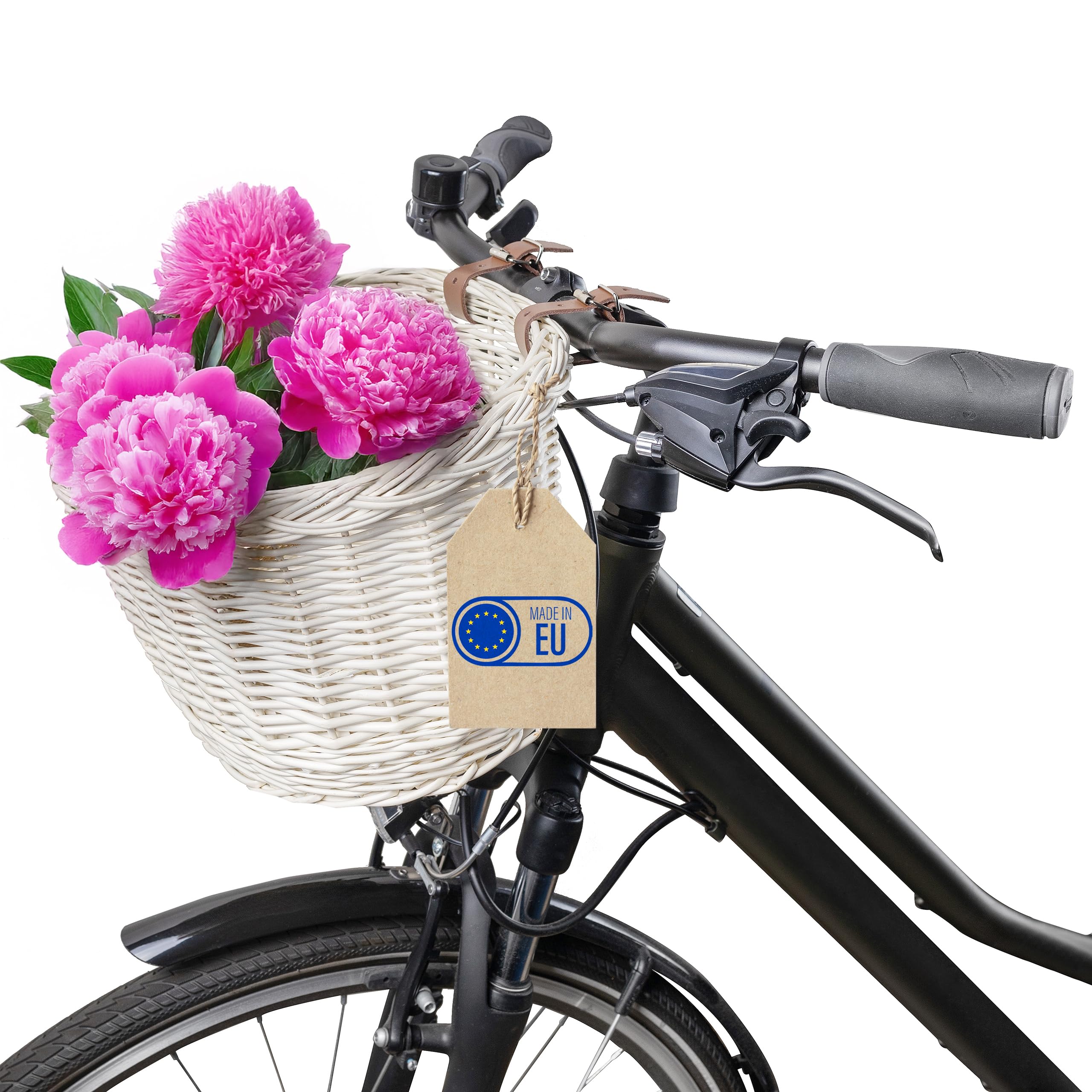 Creative Home Cestino da Bicicletta in Vimini Bianco 36 x 29 x 23 cm | Salice Bianco | Cestino Portaoggetti Intrecciato a Mano | Cestino Anteriore Facile da Montare con Cinghie | Cestino per Spesa