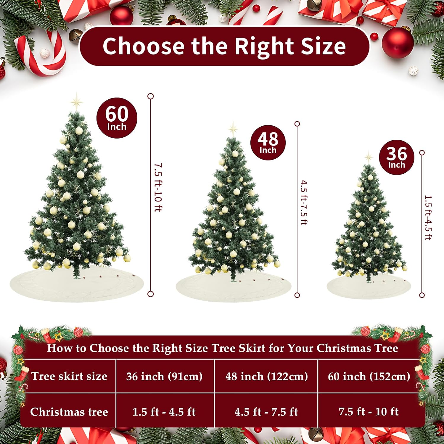 Knitted Christmas Tree Skirt, 60 Inch Cable Knit Design, Thick Rustic Fabric, Farmhouse Xmas Holiday Decoration, Luxury Home Party Décor White