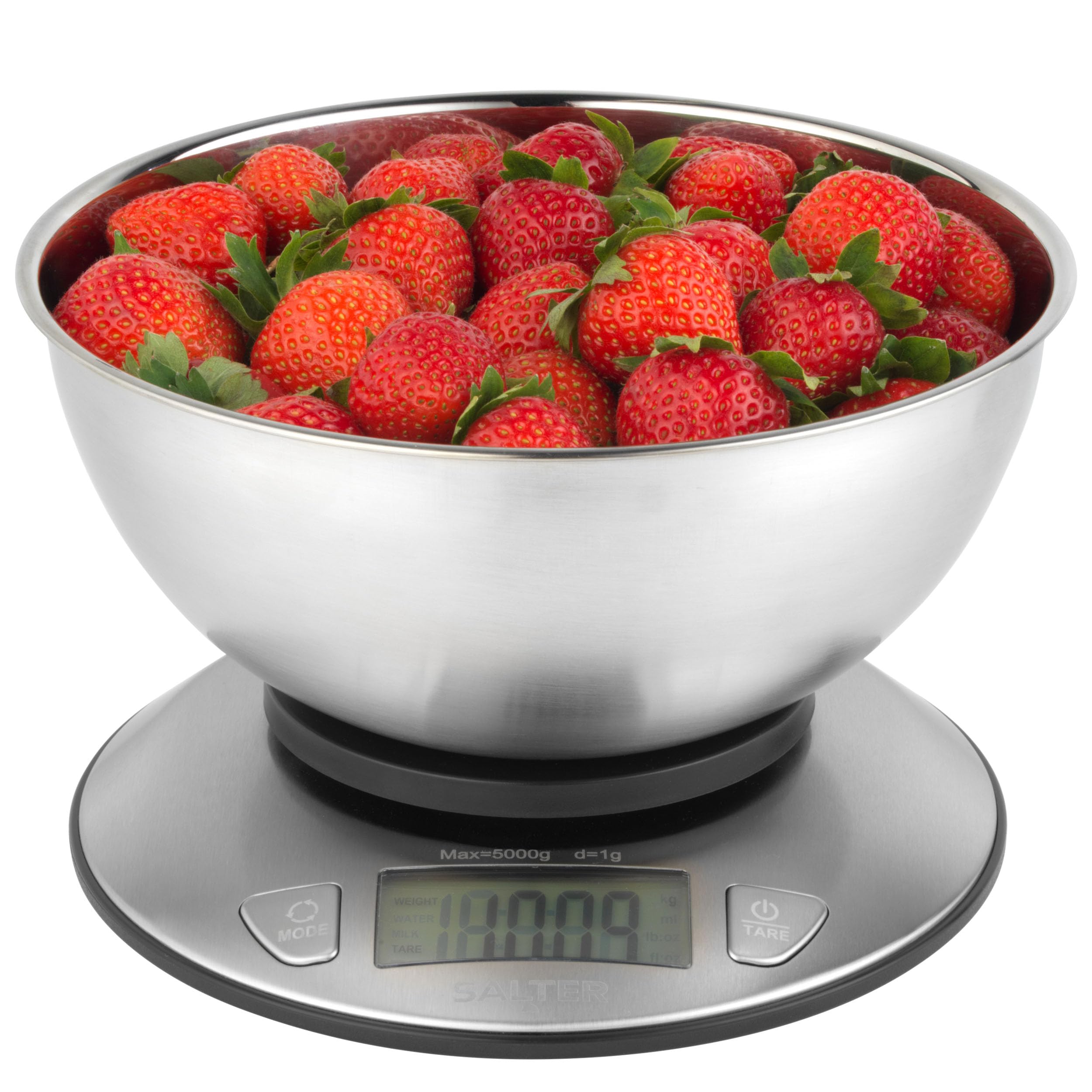 Salter Waga kuchenna z miską – wiele pomiarów, mierzy płyn, maksymalna pojemność 5 kg, stalowa miska 2 l, wyświetlacz LCD, stal nierdzewna, podwójne zastosowanie, idealna do pieczenia, gotowania,