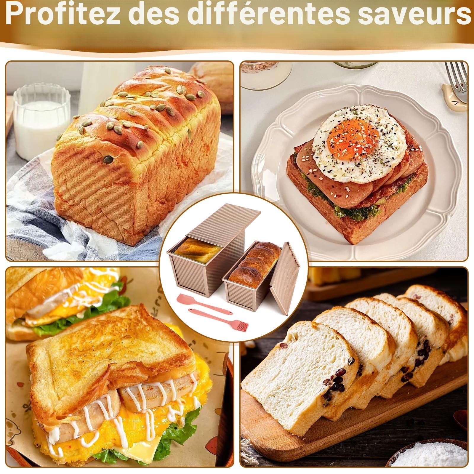 Lot de 2 Moule à Pain de Mie avec Couvercle – Moule Antiadhésif avec Couvercle pour Pain, Gâteaux & Pâtisseries, Moule a Brioche, Inclus 1 Spatule en Silicone et 1 Pinceau en Silicone.