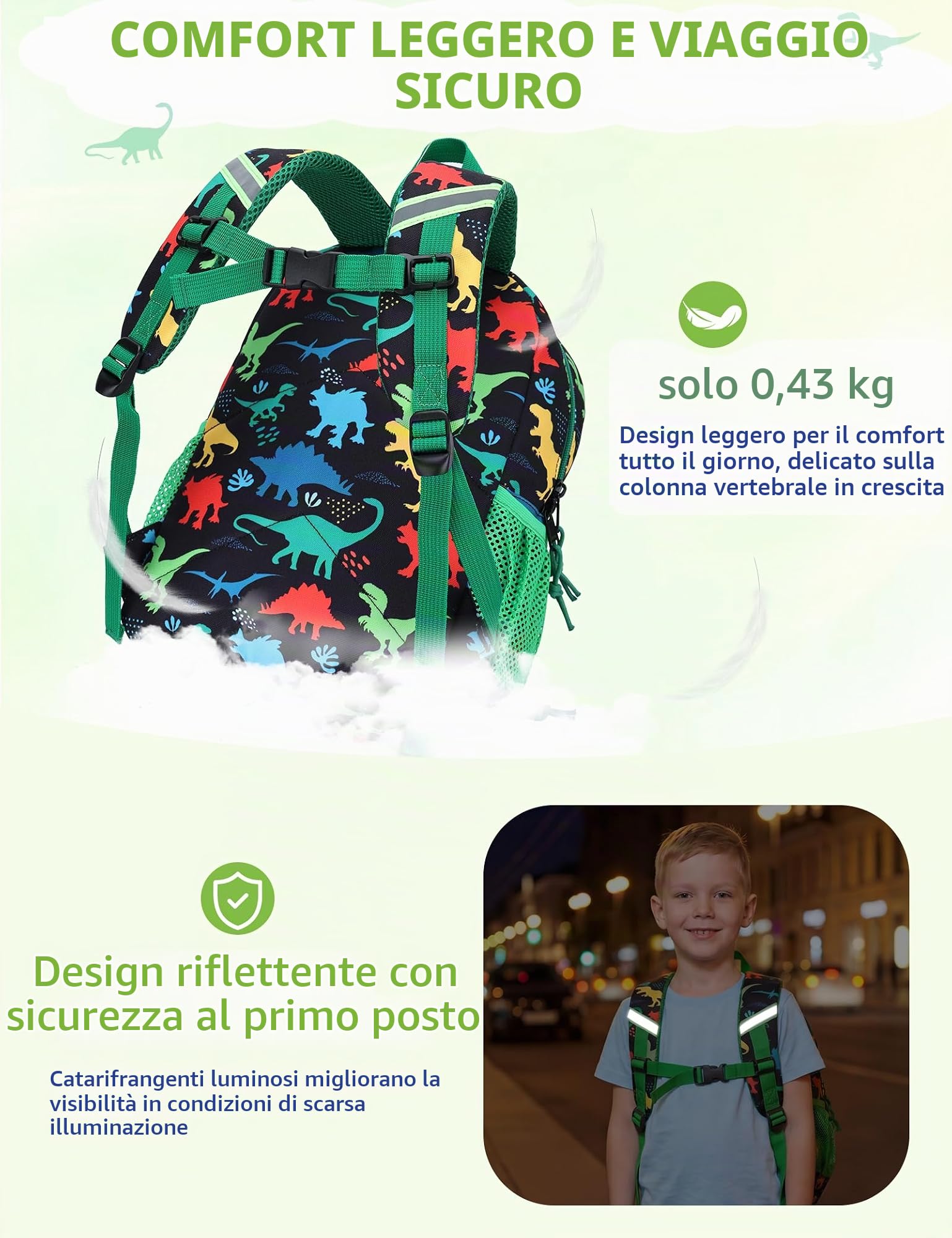 RAVUO Zainetto Bambino, Leggero Zaino Scuola Elementare Impermeabile Zainetto Asilo Bambina Carino Zaino Bimbo Zaino Ragazzo Zainetto Dinosauri Grande per Prescolare 2-10 Anni