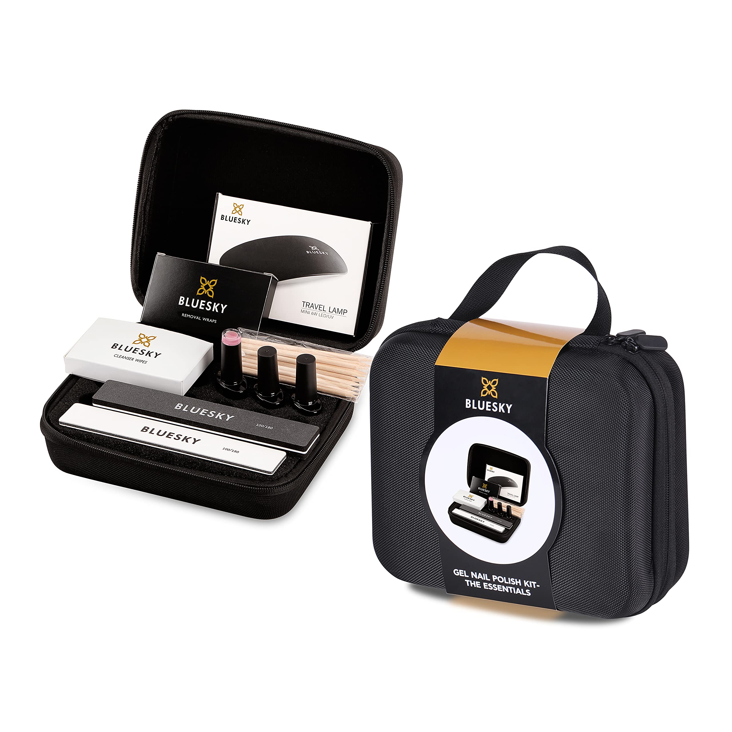 Bluesky Essentials - Kit per unghie in gel con organizer/custodia, mini lampada per unghie, base e top coat, smalto gel rosa muschio, lima e tampone, bastoncini per cuticole, salviette detergenti,
