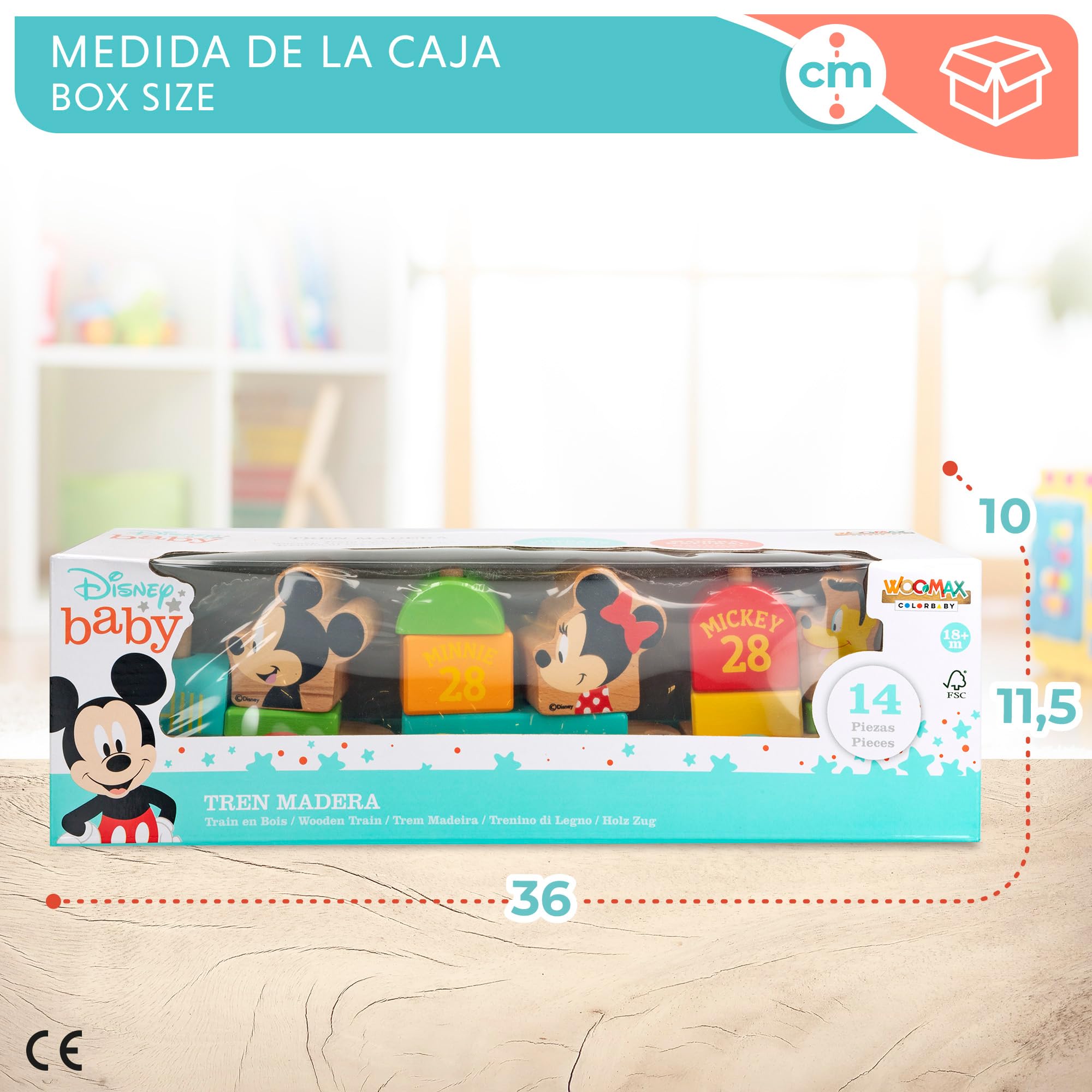 WOOMAX Disney Mickey Mouse, Juguete Tren Madera, Formas Encajables, Juguetes Niños 2 Años, Bebe 18 Meses, Educativos, Preescolar, Infantil, 48702