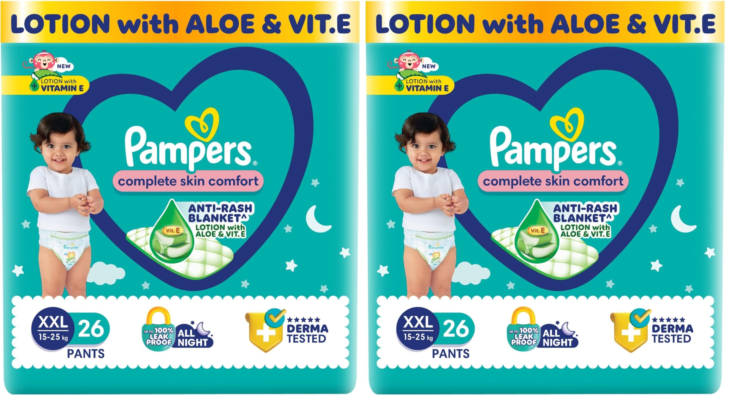 Pampers Complete Skin Comfort,Double Extra Large size(15-25kg) baby diapers (XXL)26 Count,Anti Rash diapers, Lotion with Aloe Vera (Pack of 2)-image-40
