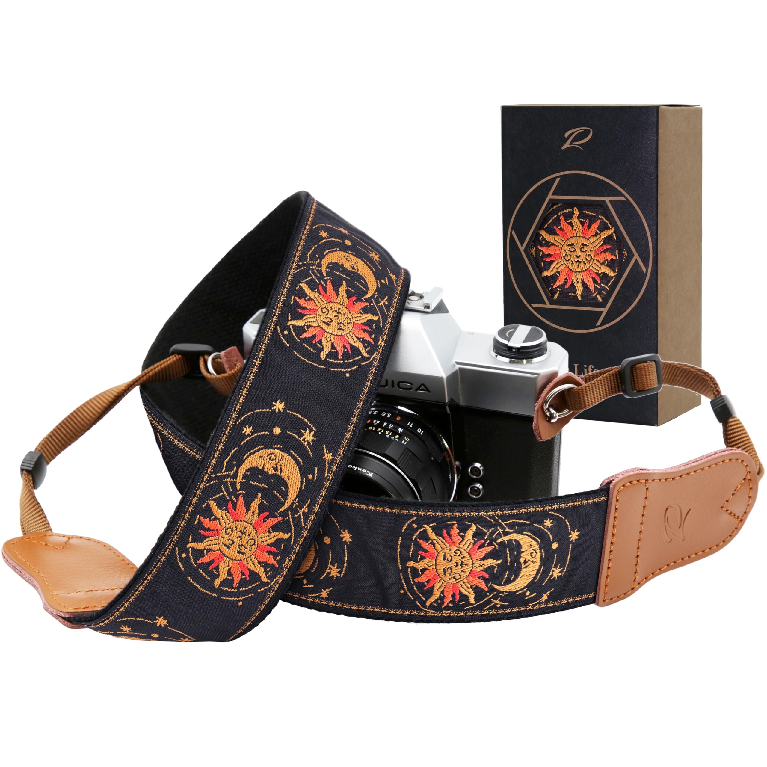 Sangle D'appareil Photo En Coton Brodé - Extrémités Cuir, Réglable 82-155 Cm, Largeur 5 Cm