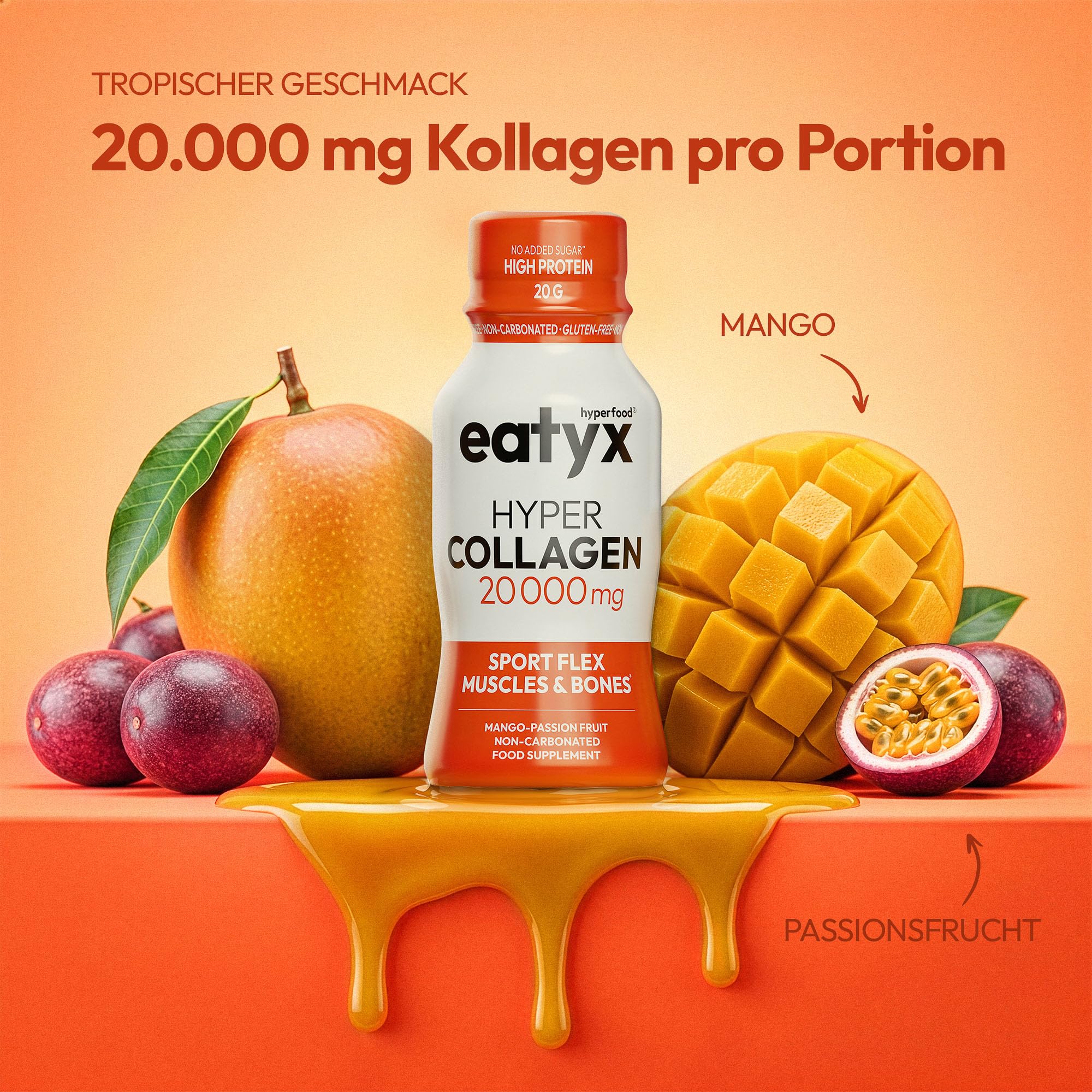 eatyx Hyper Collagen Sport Flex 30 x 95 ml – Miesięczna kuracja zawierająca 20 000 mg kolagenu na porcję – Kolagen do picia dla mięśni i kości – Mango i marakuja – Bez glutenu, bez dodatku cukru