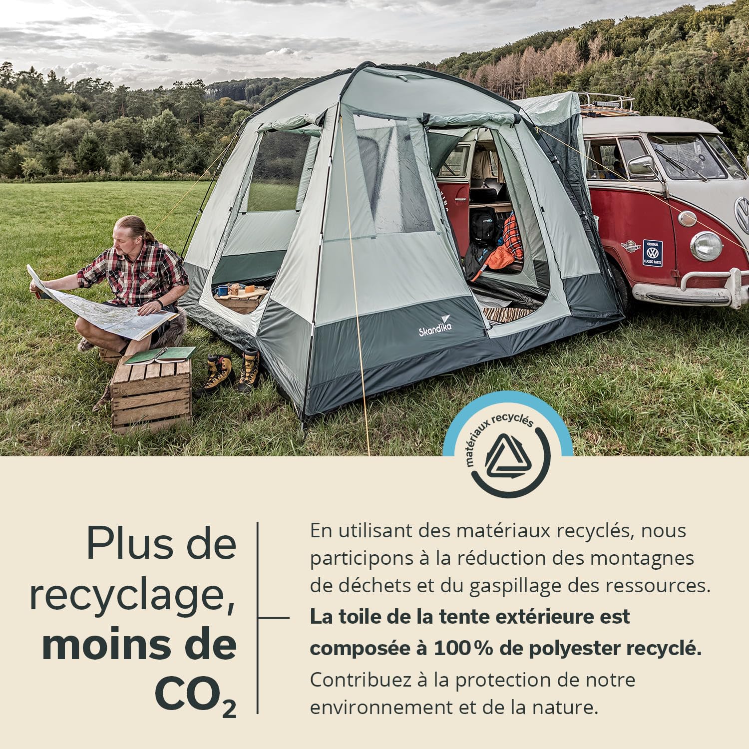 Skandika Auvent pour Bus Pitea Van | pour 4 Personnes, autoportant, Sol Cousu, Hauteur 2,2 m, Grandes fenêtres, étanche, Colonne d'eau 3000 mm, moustiquaires, 3 x 3 m, Tente dôme pour Bus, Caddy