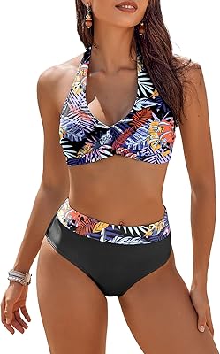 AI'MAGE Women's High Waisted Bikini Sets Tummy Control Swimsuits 2026 Two Piece Bathing Suits Color Block Halter Swim Suits
