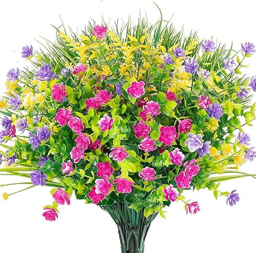 Ageomet 9 piezas de flores de primavera artificiales para cementerio al aire libre, flores de plástico resistentes a los rayos UV, flores falsas