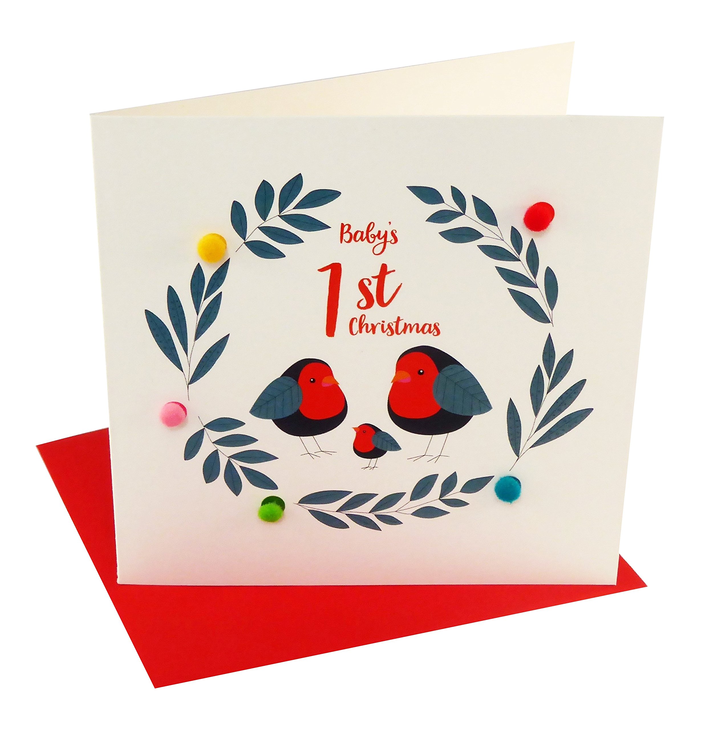 Claire Giles Greeting Cards, Happy Christmas Baby Card, Robin Family Design Xmas Greeting Card for Baby's First Christmas, Embellished with Colourful Pompoms