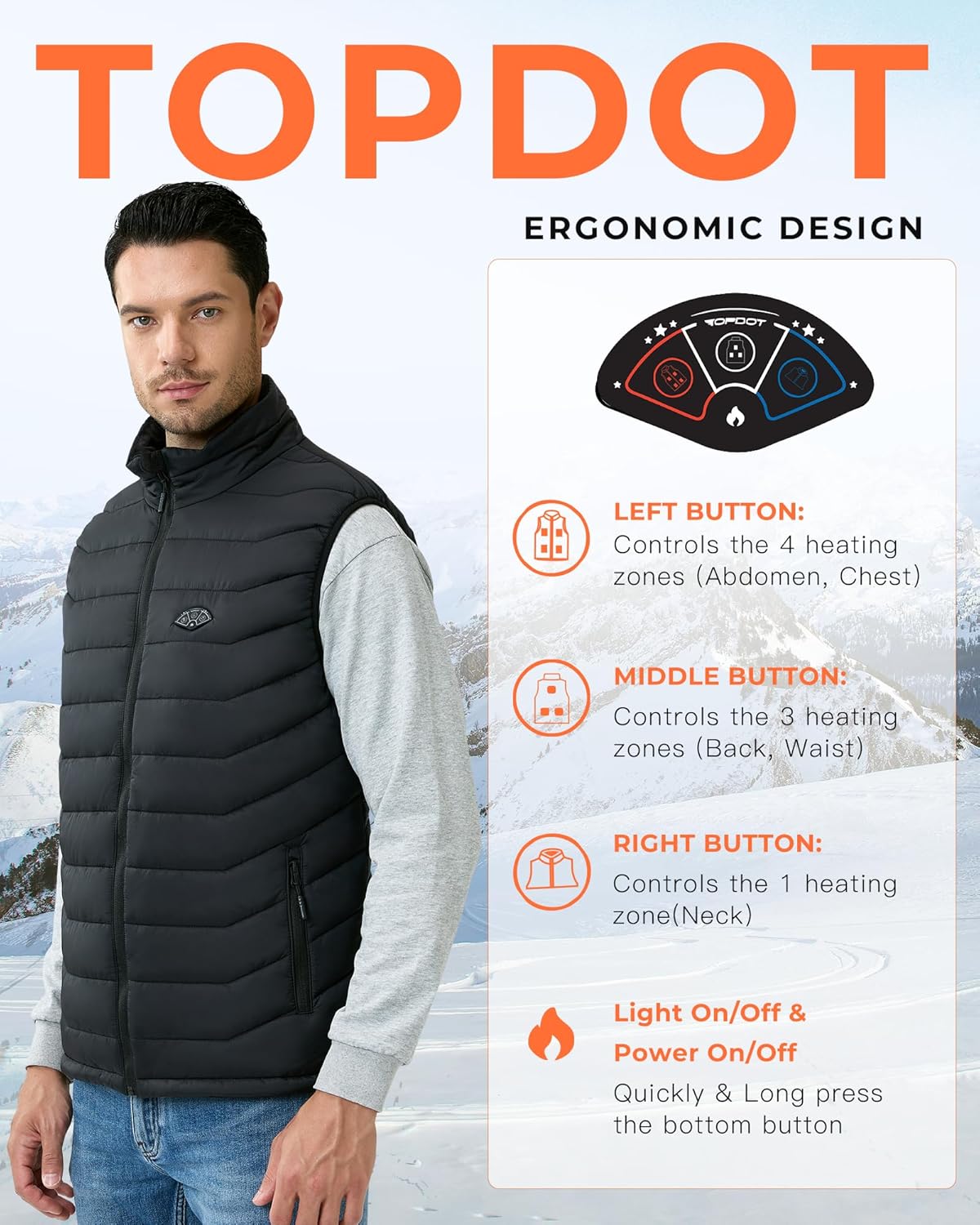 Topdot Heated Vest for Men with 7.4V 16000mAh Battery Pack Included, 8 Heating Zones Lightweight Warm Men's Heated Vest - Image 6