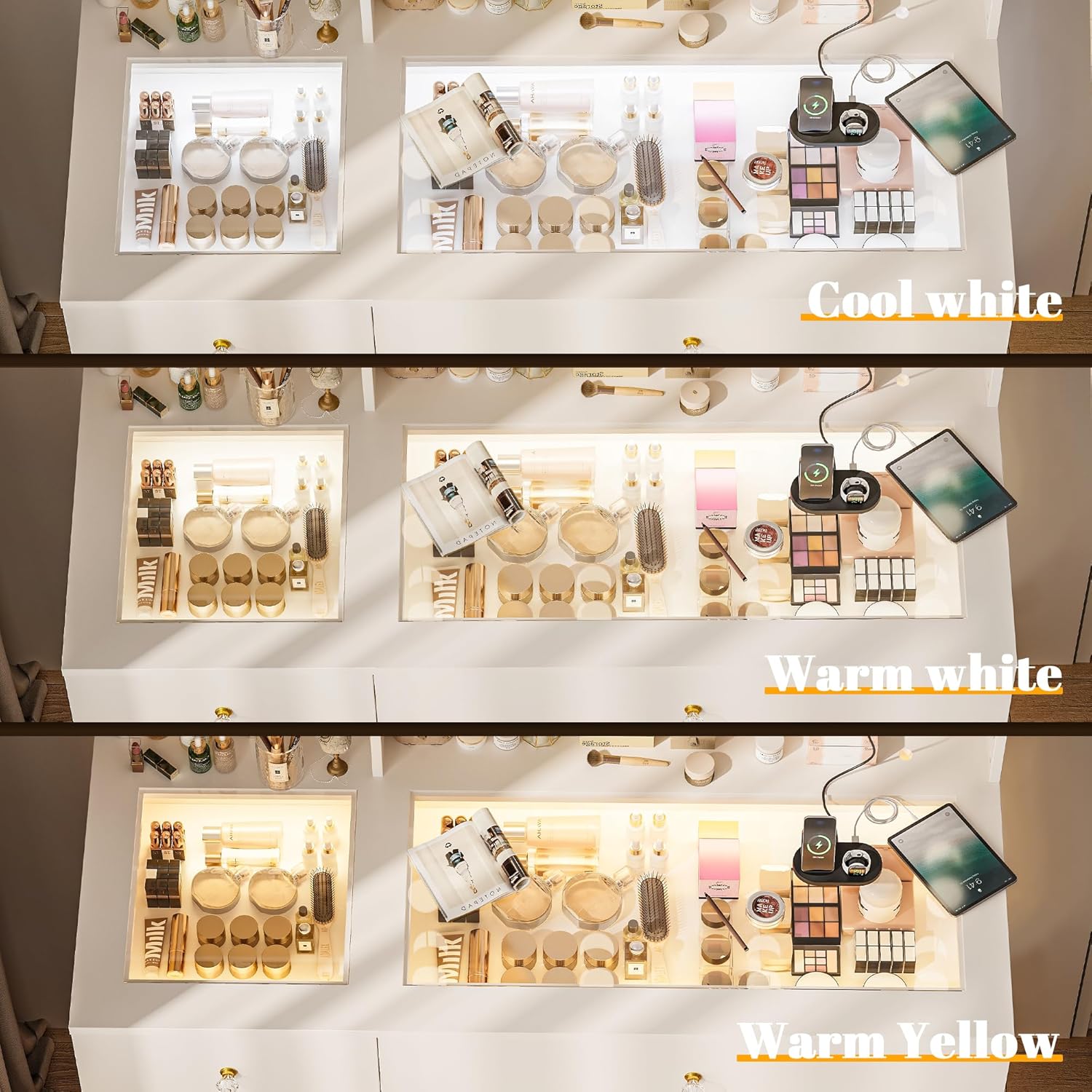 40" Vanity Desk with Large Mirror and Lights, Modern Glass Top Makeup Vanity Set with Power Outlet, Drawers and Cabinet, 3 Lighting Color Adjustable Dressing Table for Bedroom,White