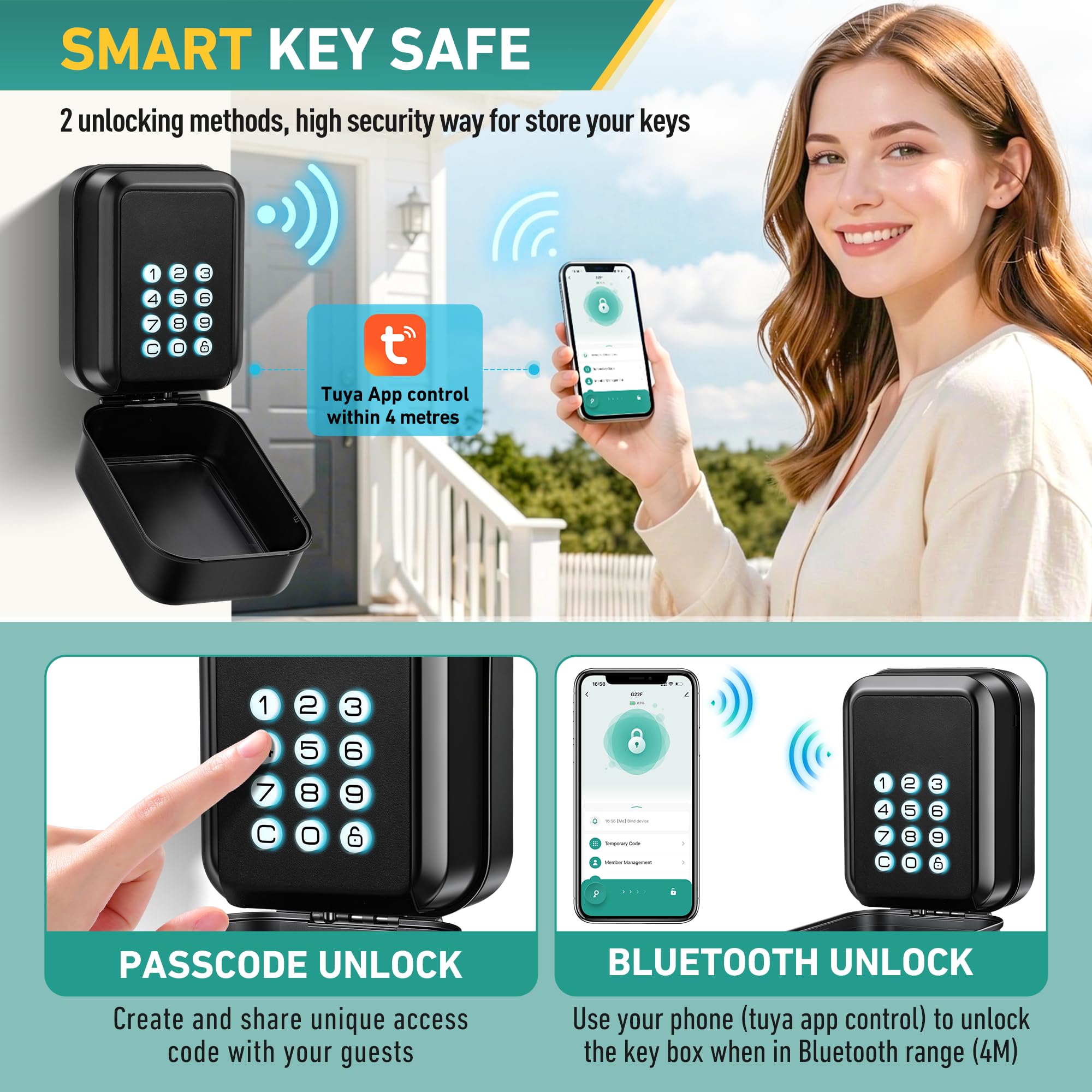 Smart Schlüsselbox Wandmontage Schlüsseltresor mit Zahlencode oder Bluetooth Tuya App-Steuerung Schlüsselsafe Aussen Elektronischer Schlüsselkasten Wasserdicht für AirBnB Büro Familie (Schwarz)