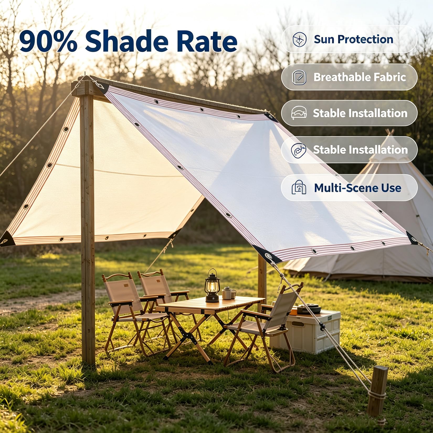 Telo Ombreggiante HDPE Bianco 90% UV Tenda da Sole Traspirante per Esterni | 4.5x6m Vela Ombreggiante con Occhielli Rettangolare Telo Parasole Tessuto per Piscina Campeggio Giardino cortile feste