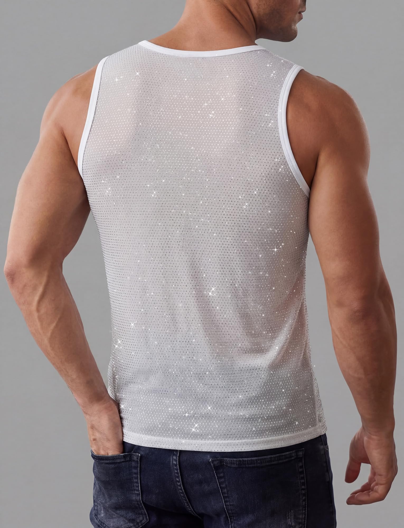 AIEOE Débardeur à paillettes pour homme - Haut en maille brillante - Sans manches - Col rond - Sexy - Clubwear - Tenue de fête pour discothèque, bar, festival
