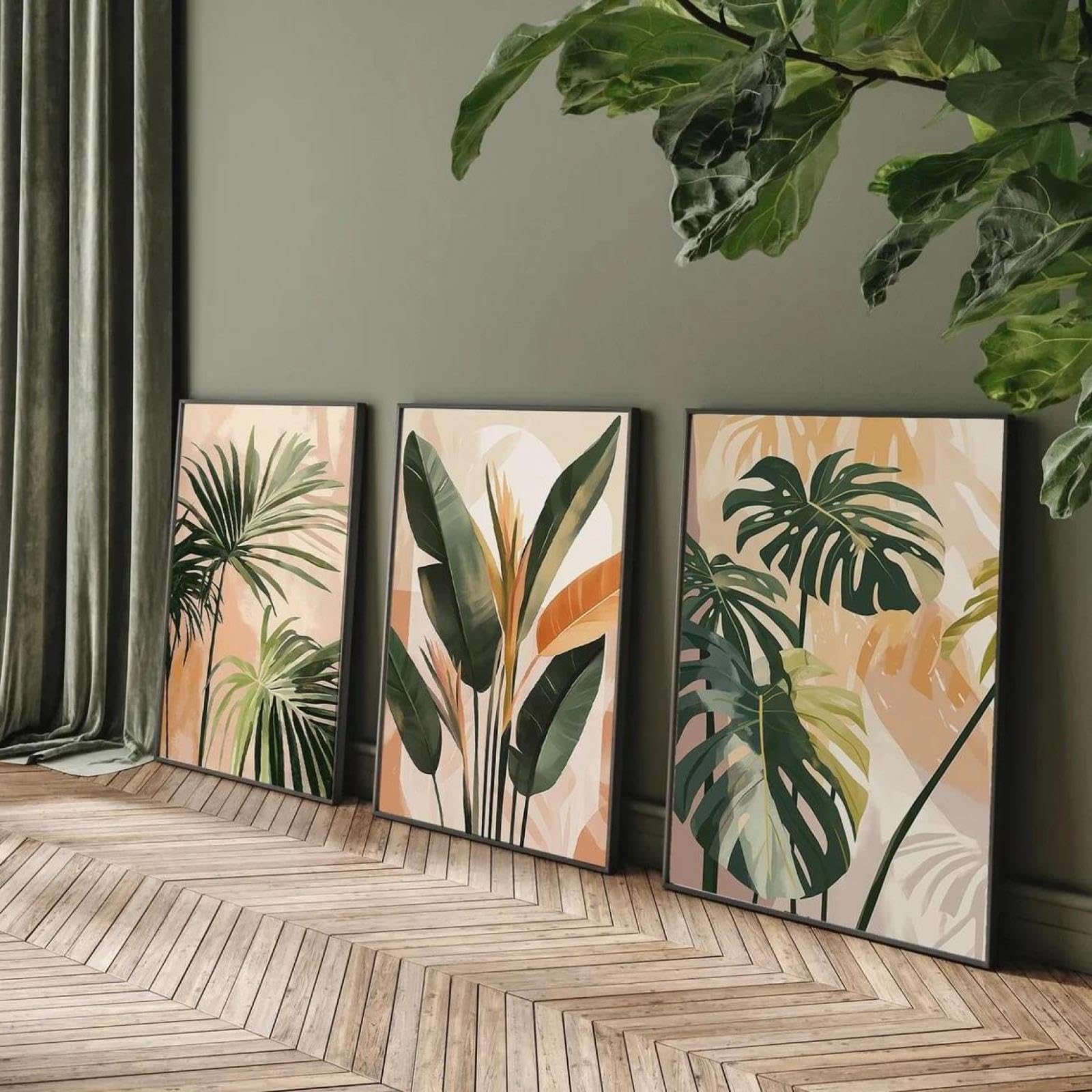 Baibexing Abstract Retro Palm Tree Watercolor Plant Canvas Paintings Poster Prints Wall Art Picture Living Room Home Decor 50X70Cmx3Pcs Unframed