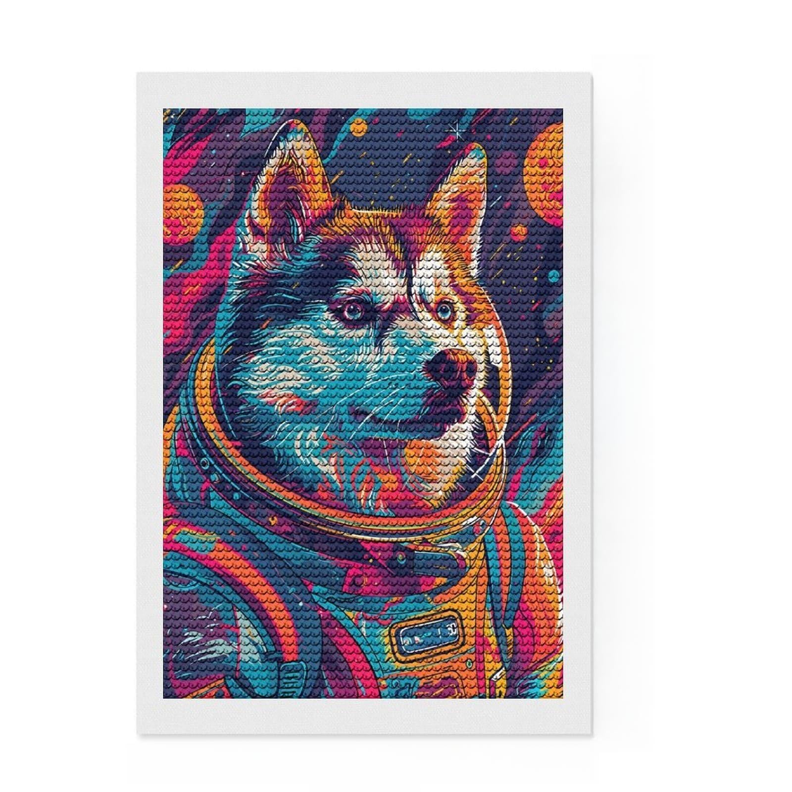 Junmoney Astronaut Space Husky 5D Diamond Painting Kit 8"x12", Round Gems, Living Room Decor, Decorative Artwork, Vintage Style Decor