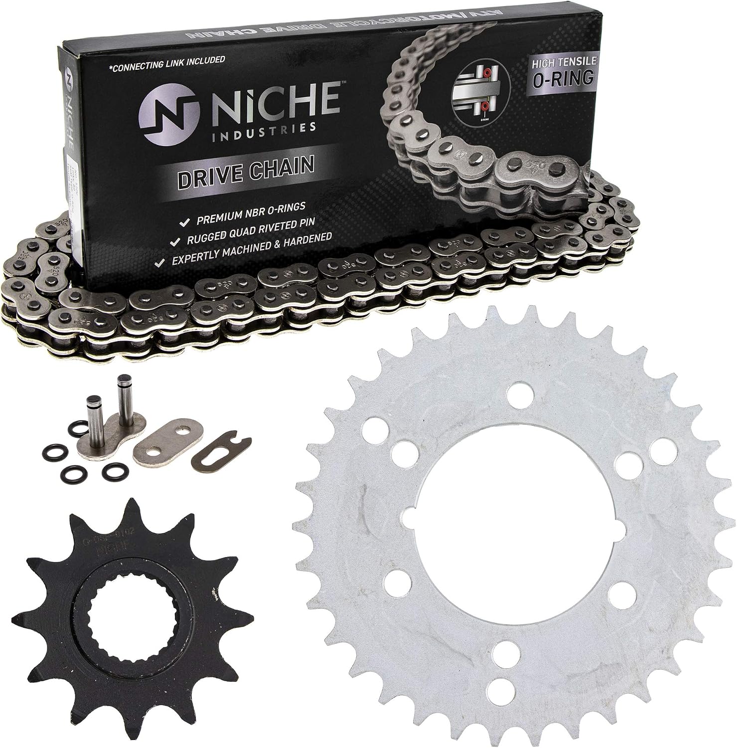 NICHE Drive Sprocket Chain Combo for Polaris Xpress 300 Trail Boss 350L Front 12 Rear 34 Tooth 520V O-Ring 86 Links